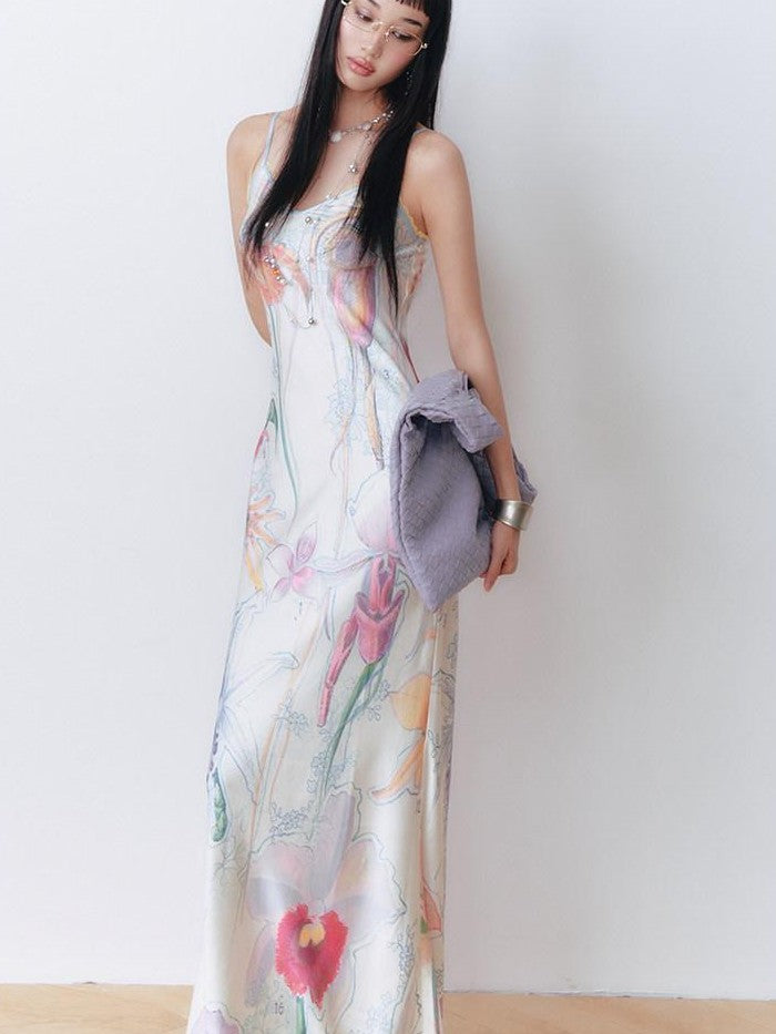 OfAkiva Botanical Print Spaghetti Strap Bias Cut Women&
