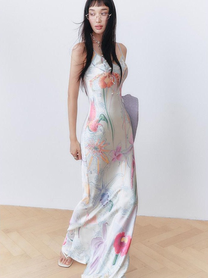 OfAkiva Botanical Print Spaghetti Strap Bias Cut Women&