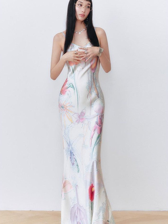 OfAkiva Botanical Print Spaghetti Strap Bias Cut Women&