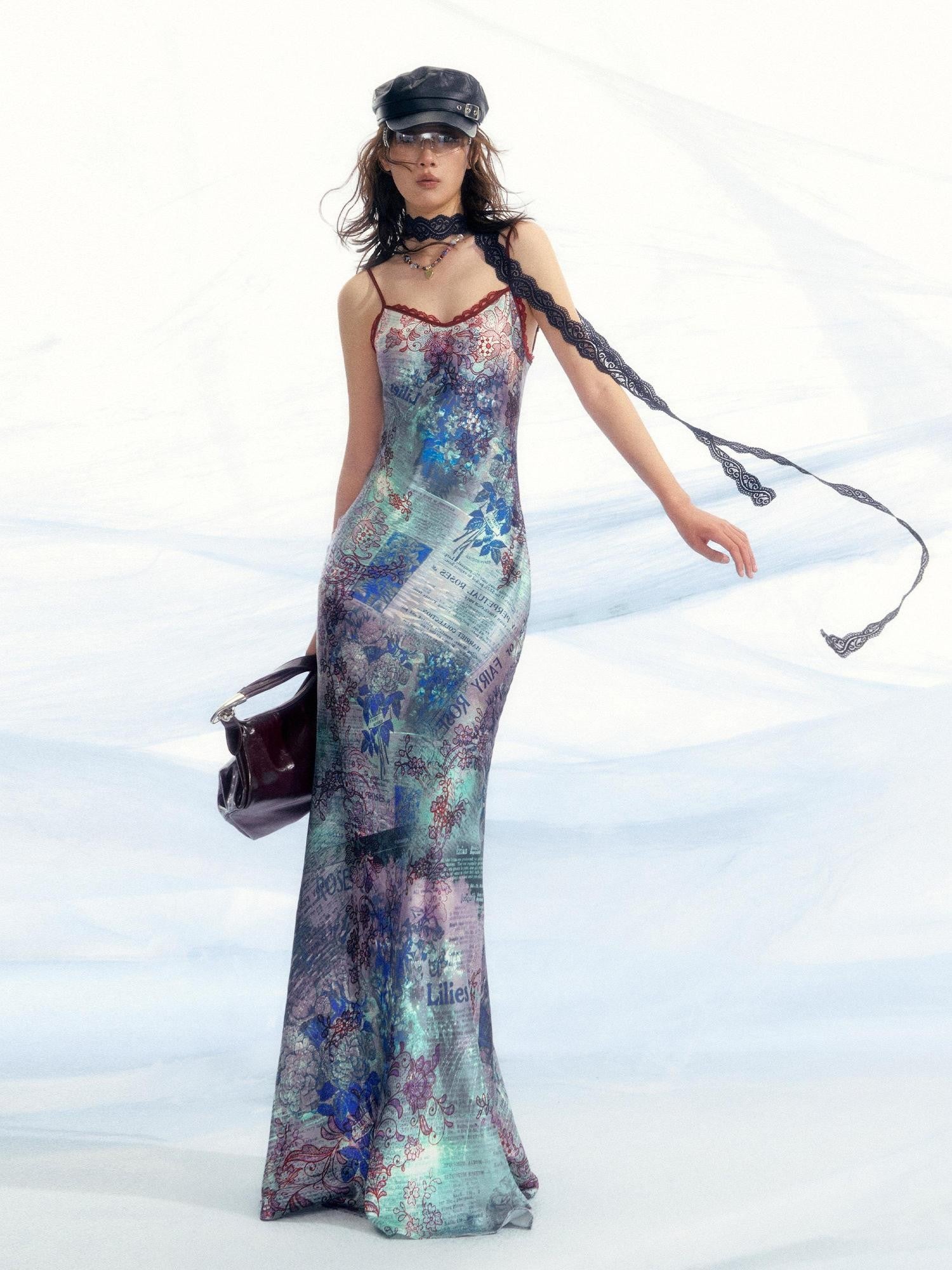 OfAkiva Botanical Print Spaghetti Strap Bias Cut Women&