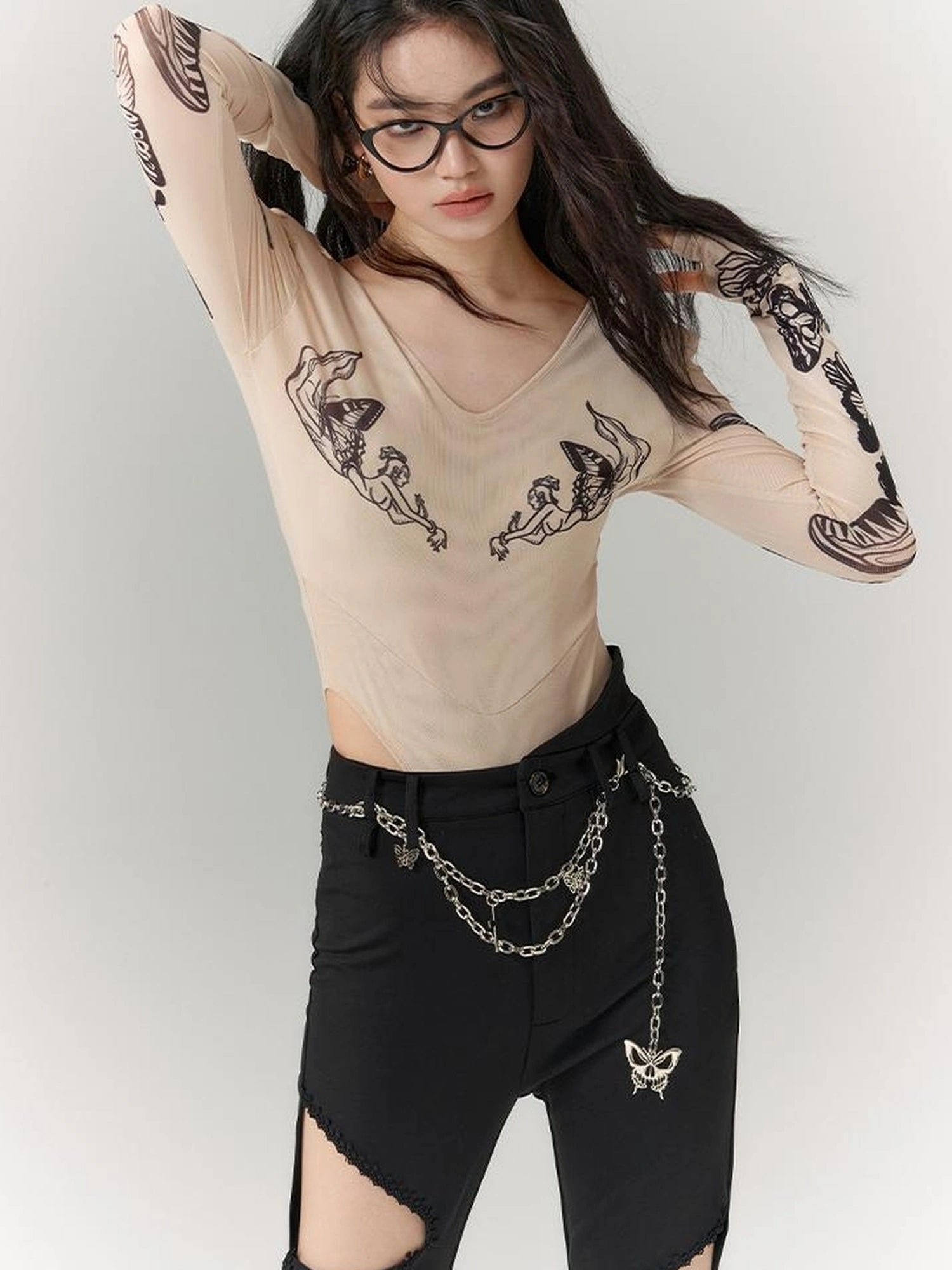 OfAkiva Butterfly Print Long Sleeve Bodysuit