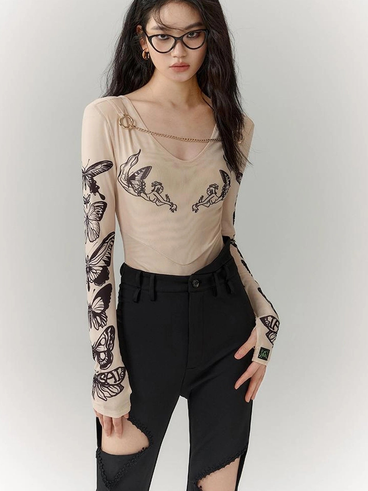 OfAkiva Butterfly Print Long Sleeve Bodysuit