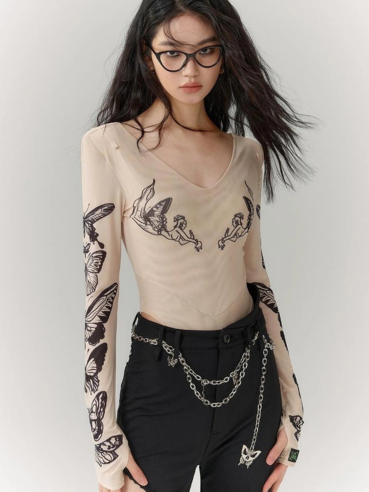 OfAkiva Butterfly Print Long Sleeve Bodysuit