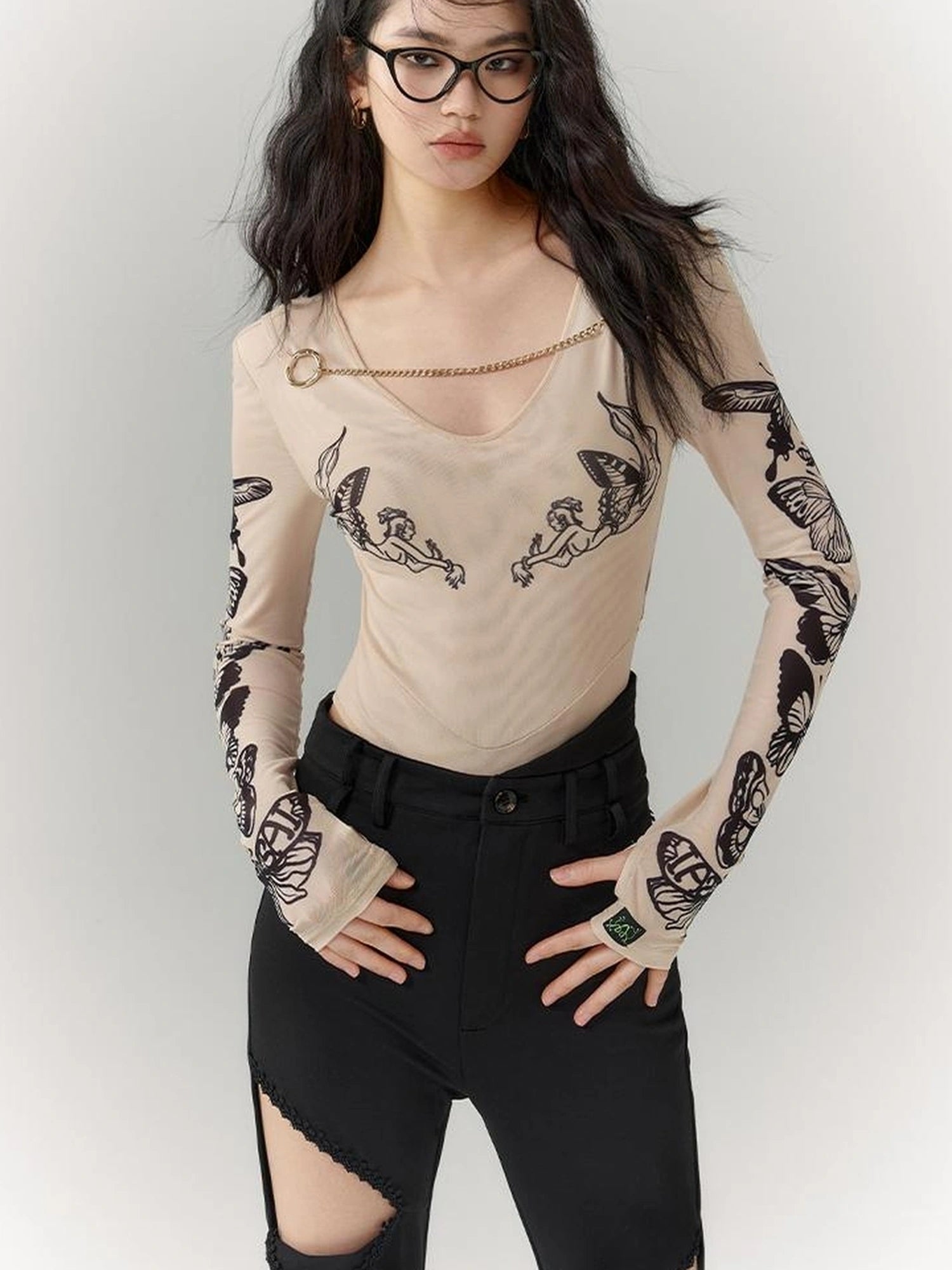 OfAkiva Butterfly Print Long Sleeve Bodysuit
