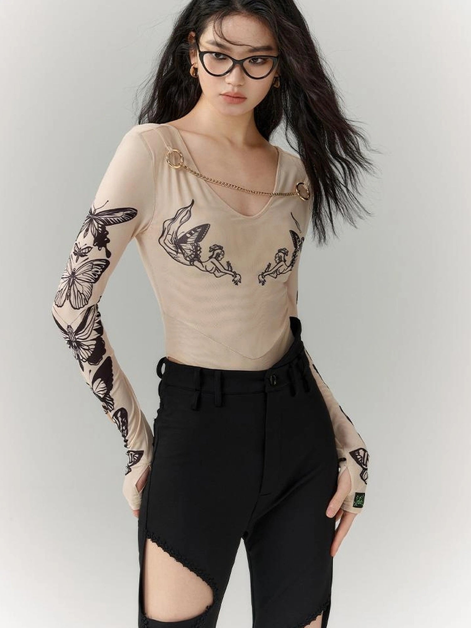 OfAkiva Butterfly Print Long Sleeve Bodysuit