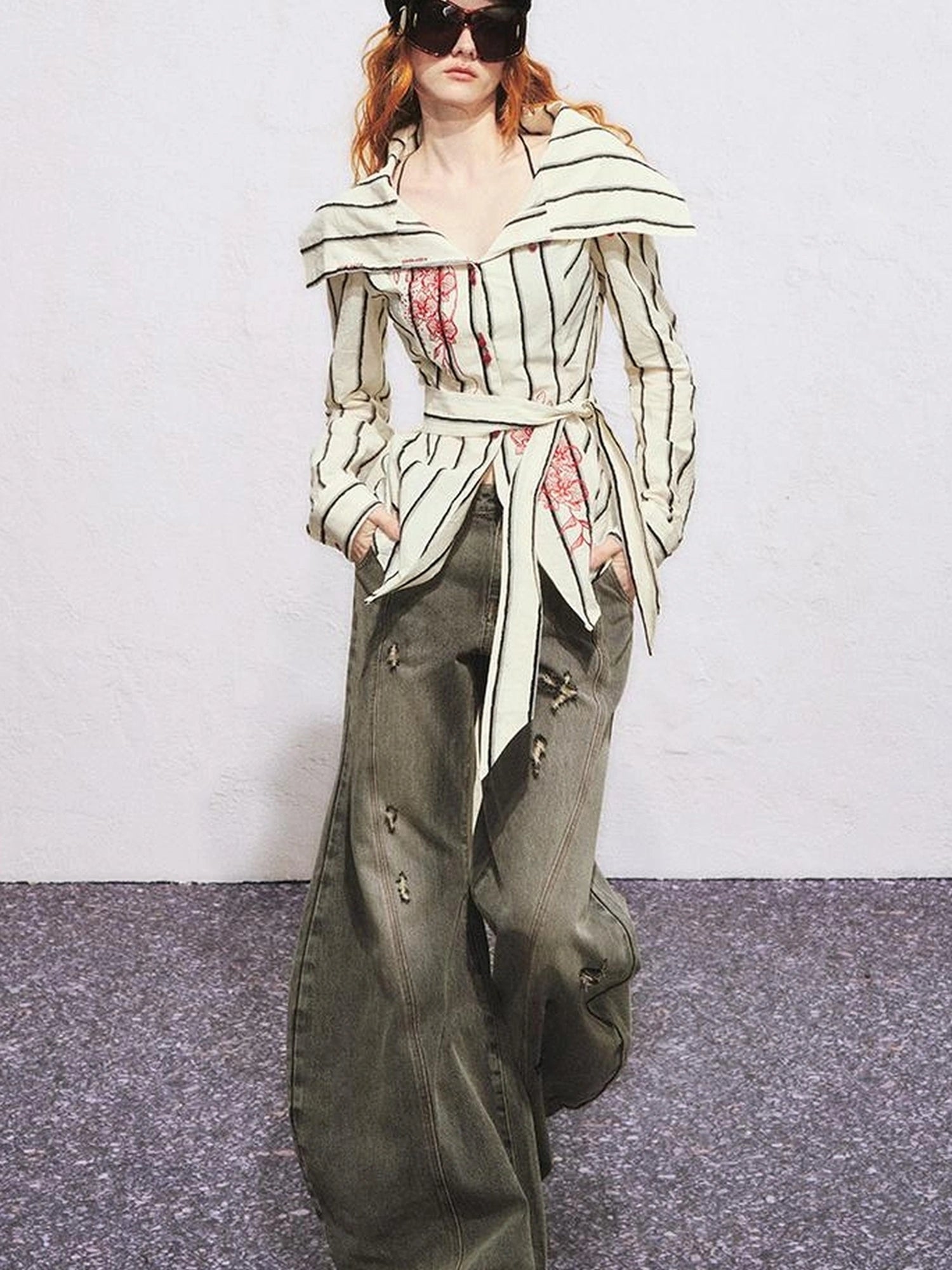 Carlton Striped Color Block Orchid Embroidery Puff Sleeve Shirt