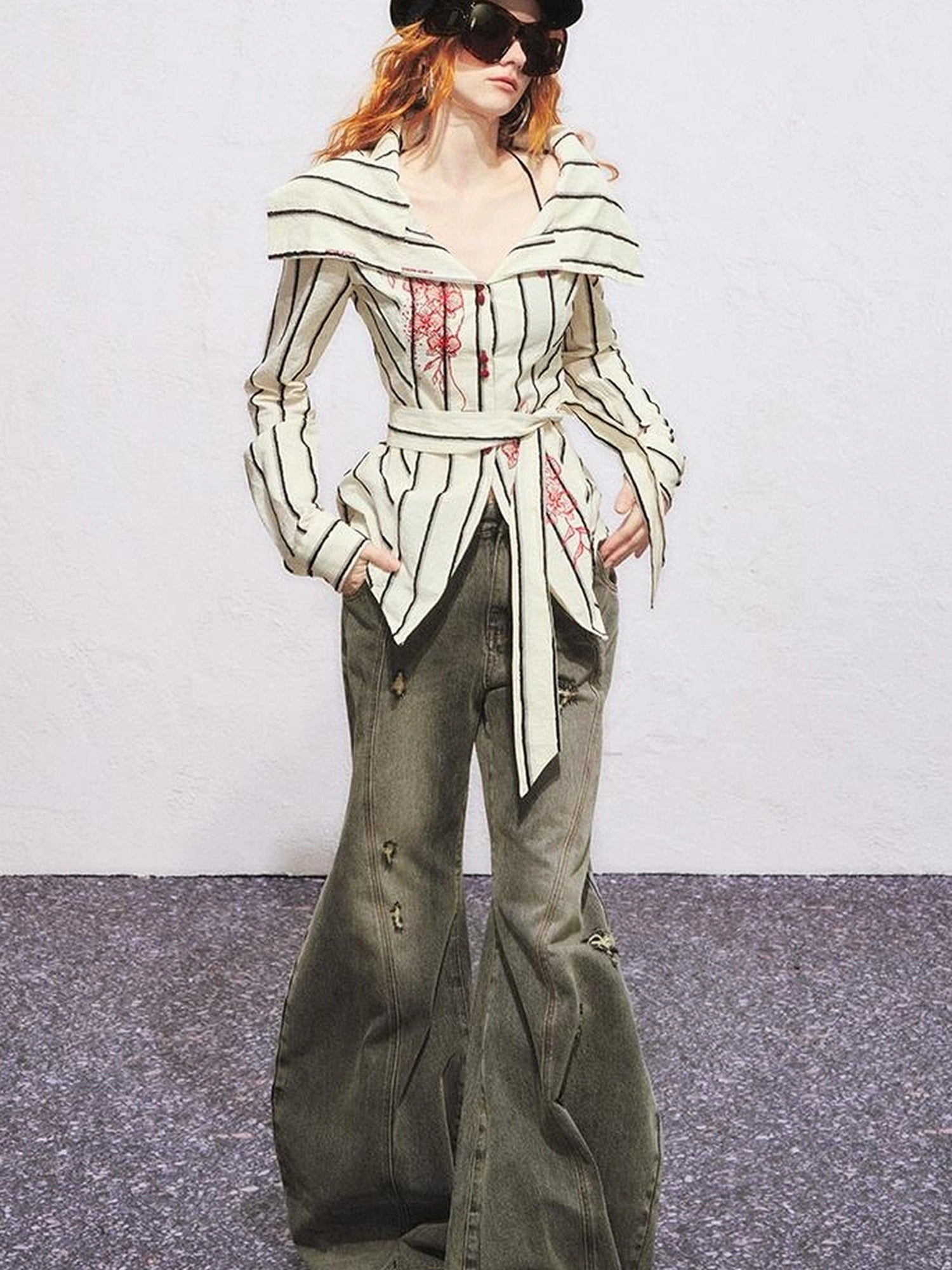 Carlton Striped Color Block Orchid Embroidery Puff Sleeve Shirt