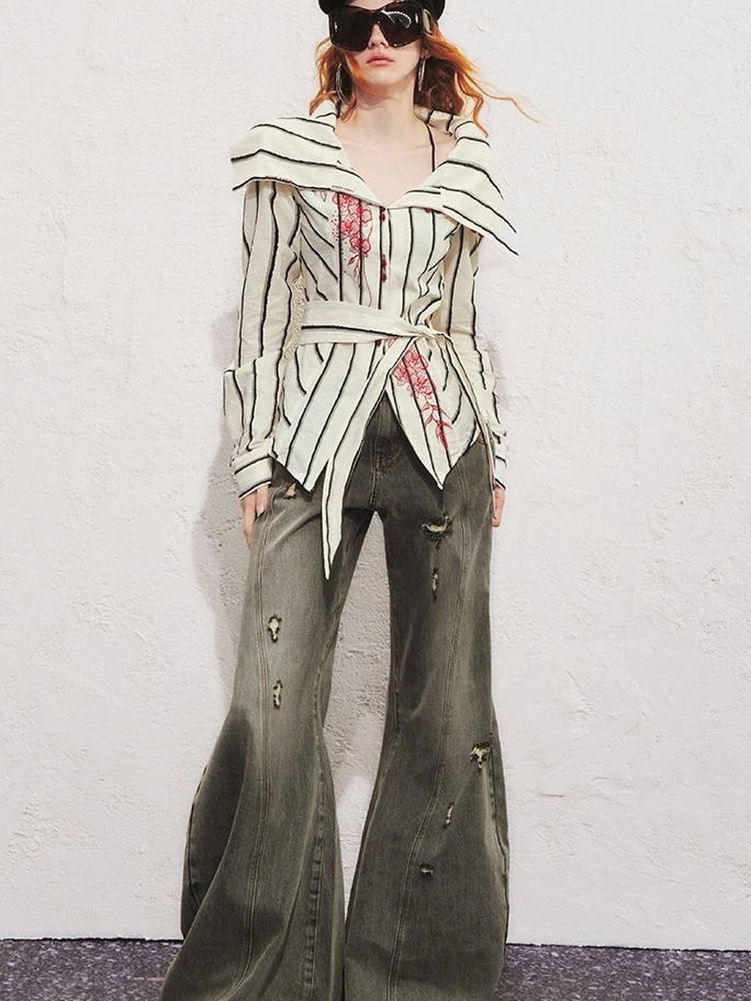 Carlton Striped Color Block Orchid Embroidery Puff Sleeve Shirt