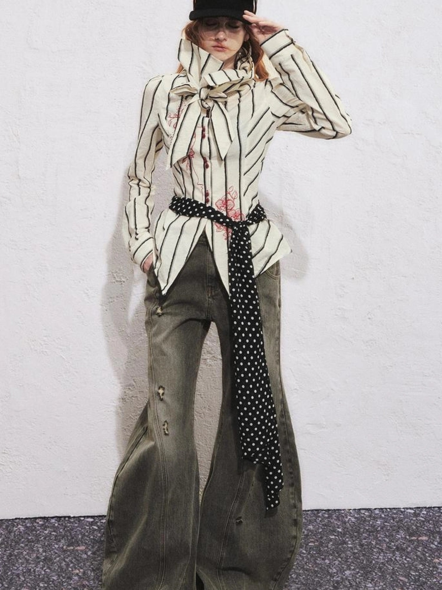 Carlton Striped Color Block Orchid Embroidery Puff Sleeve Shirt