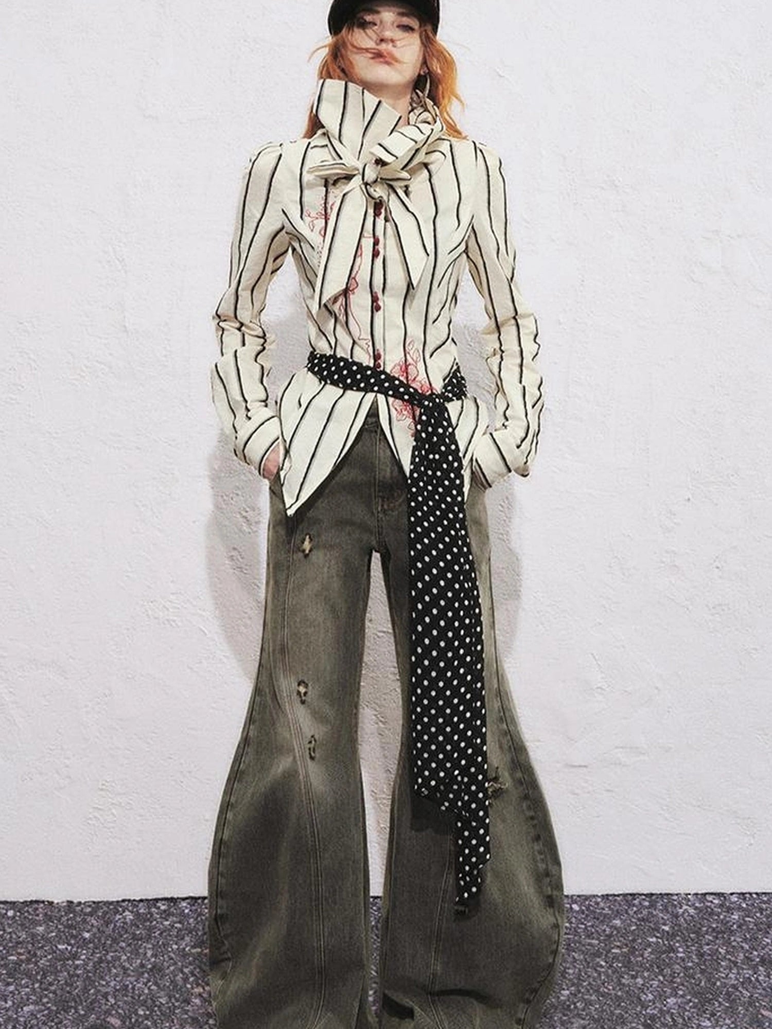 Carlton Striped Color Block Orchid Embroidery Puff Sleeve Shirt