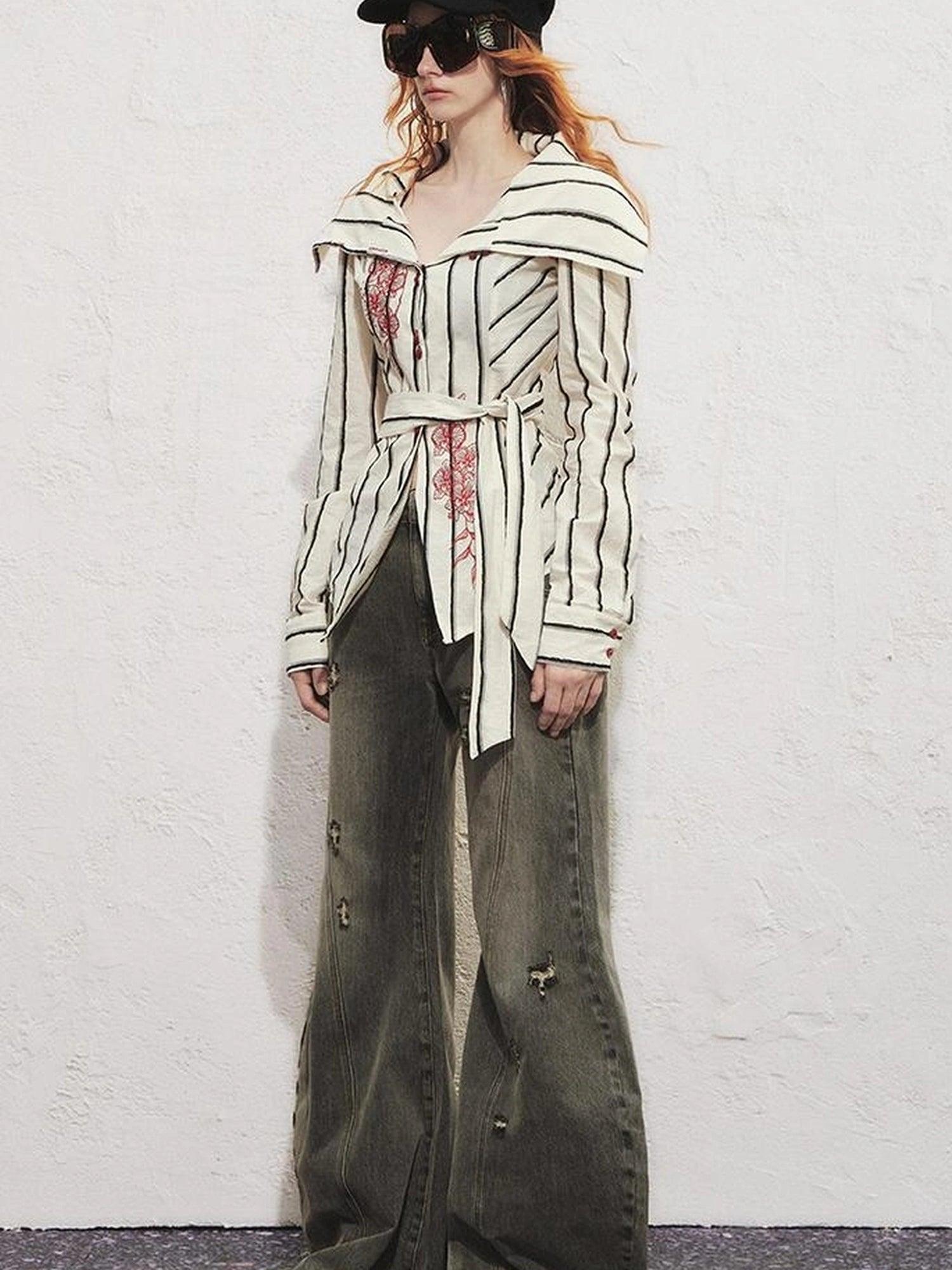 Carlton Striped Color Block Orchid Embroidery Puff Sleeve Shirt