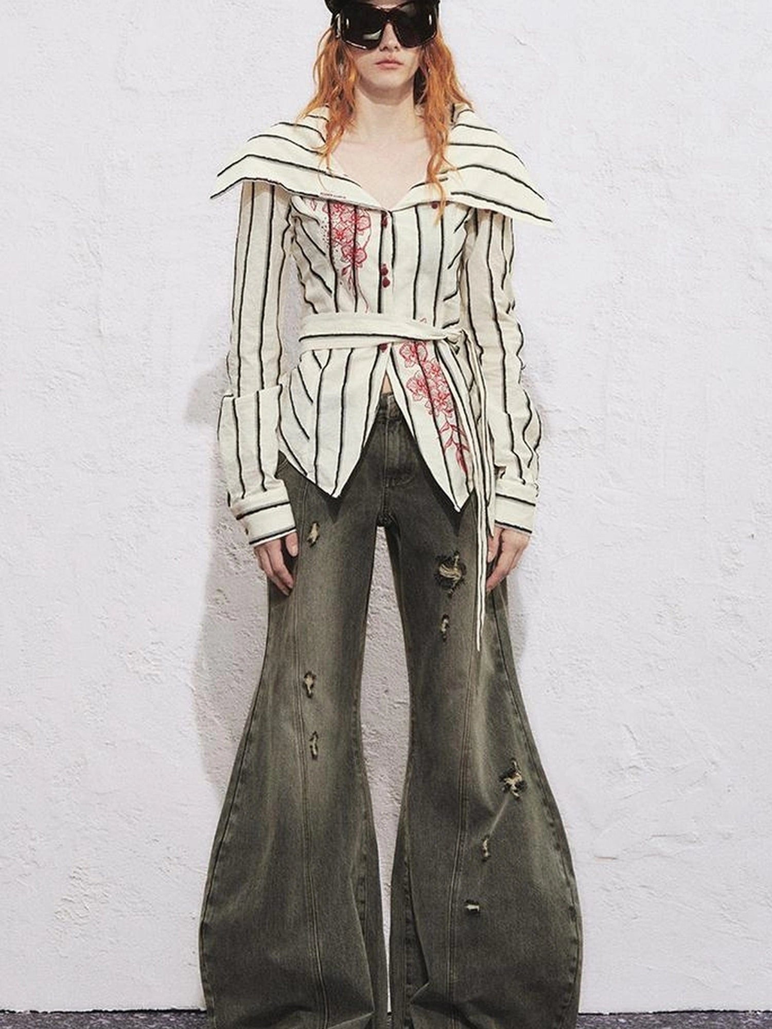 Carlton Striped Color Block Orchid Embroidery Puff Sleeve Shirt