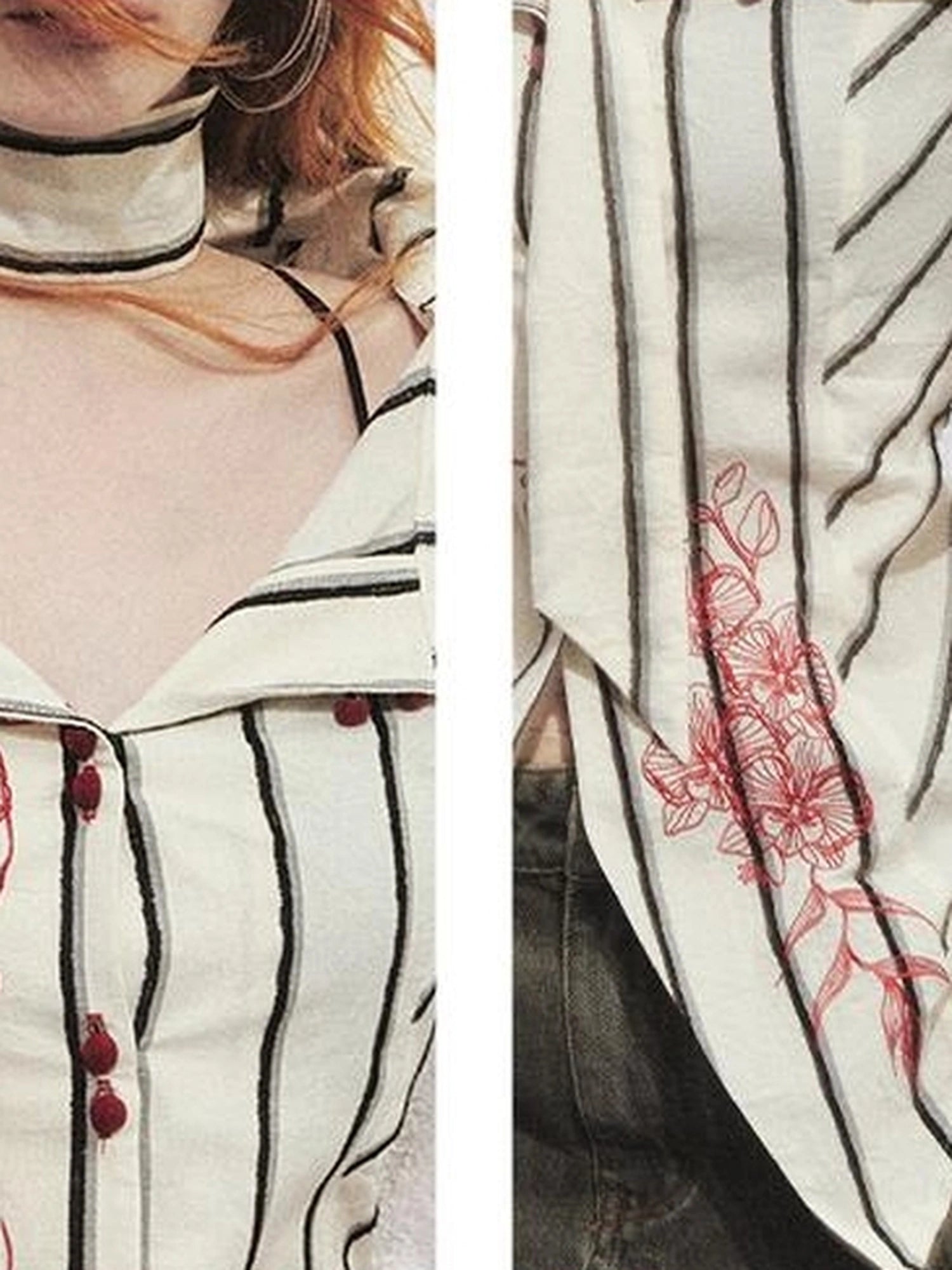 Carlton Striped Color Block Orchid Embroidery Puff Sleeve Shirt