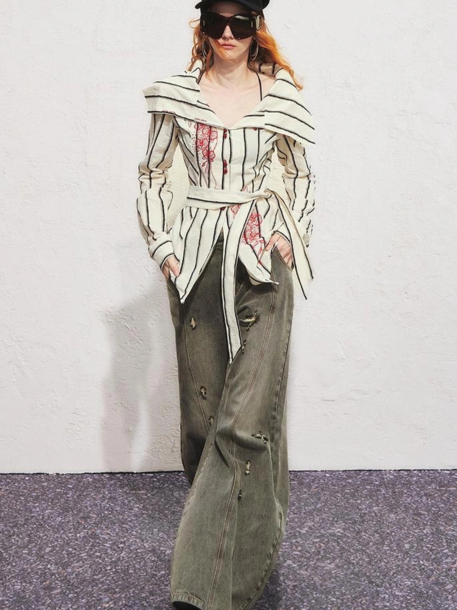 Carlton Striped Color Block Orchid Embroidery Puff Sleeve Shirt