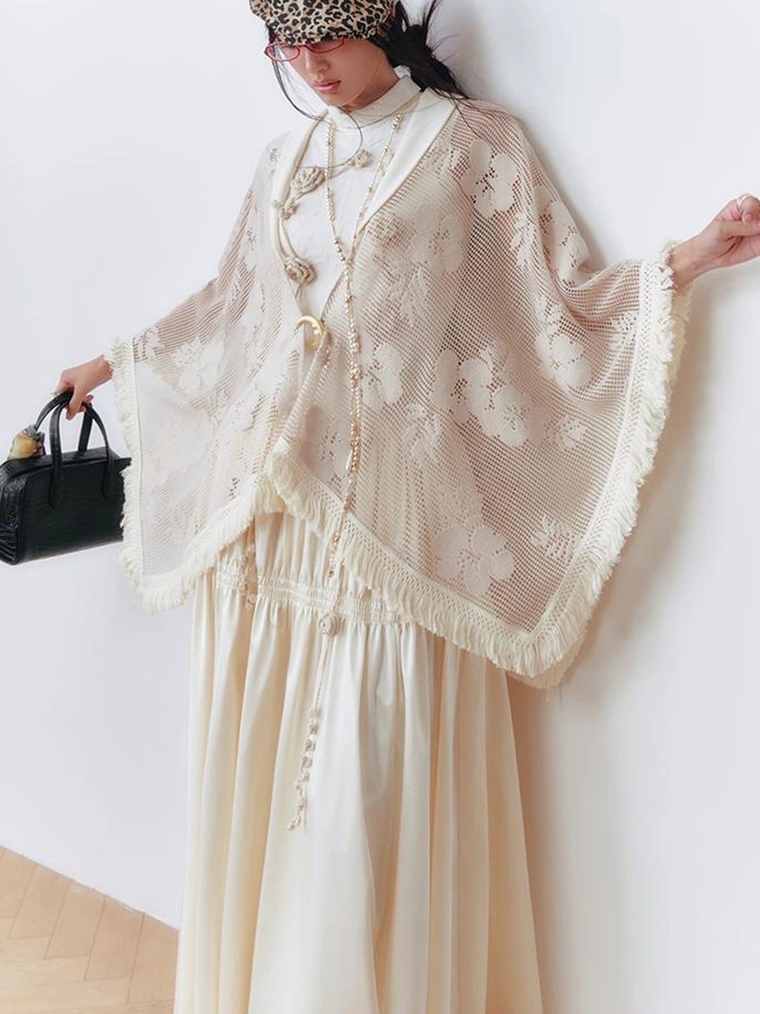 OfAkiva Celestial Retro Lace Fringe Asymmetrical Cape