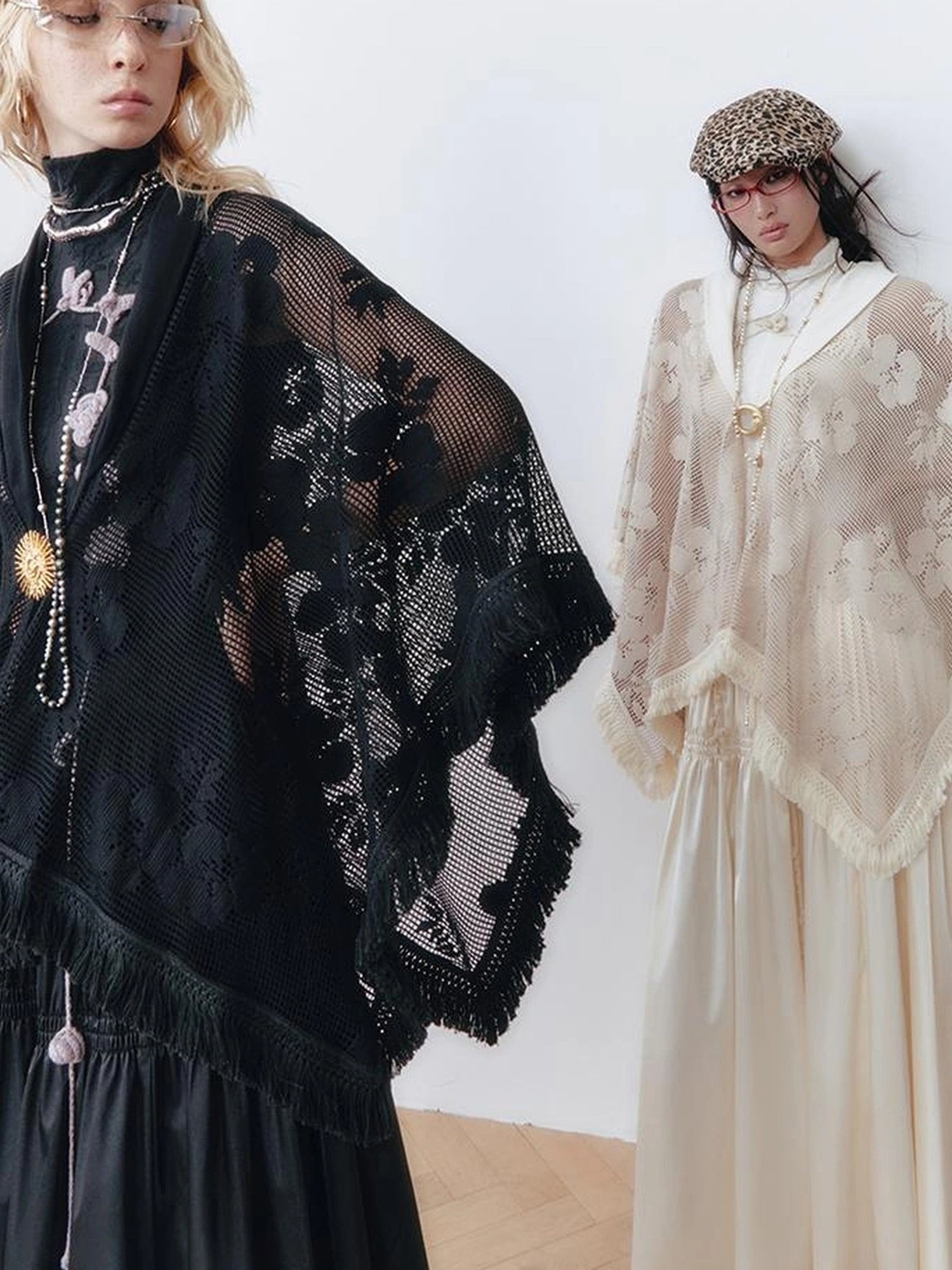 OfAkiva Celestial Retro Lace Fringe Asymmetrical Cape