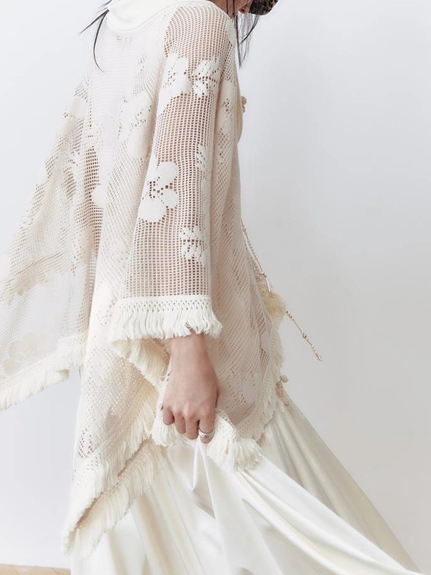 OfAkiva Celestial Retro Lace Fringe Asymmetrical Cape