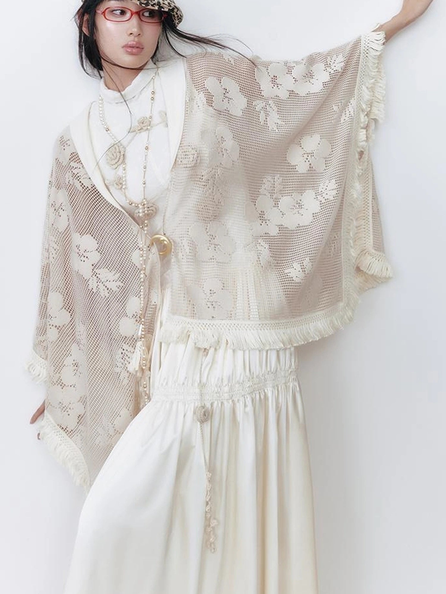 OfAkiva Celestial Retro Lace Fringe Asymmetrical Cape