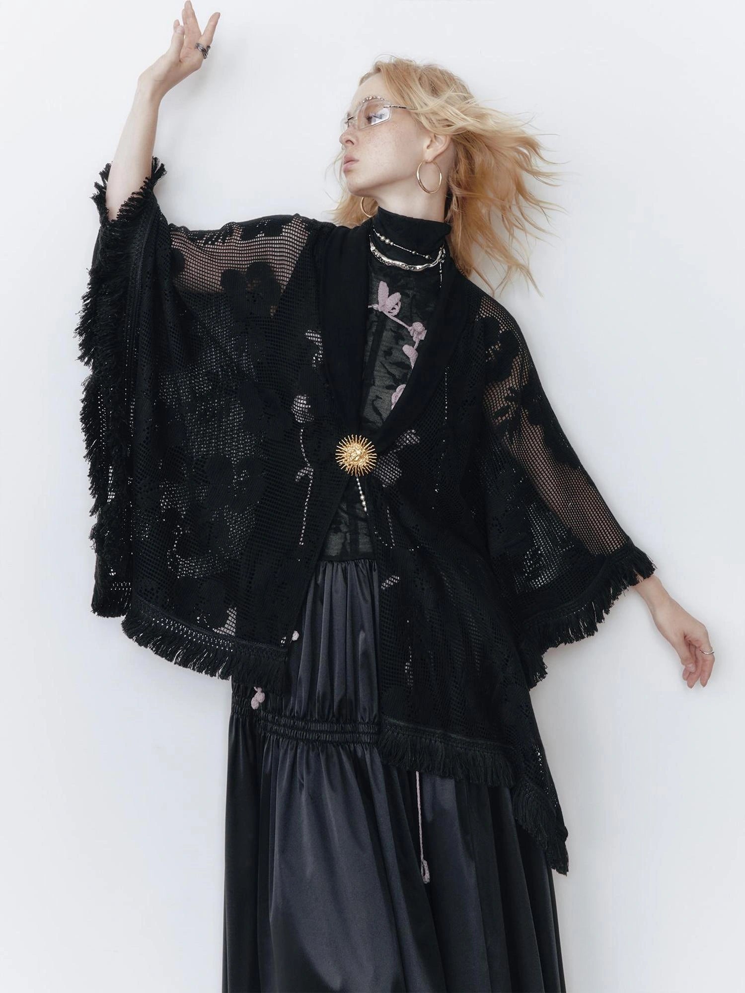 OfAkiva Celestial Retro Lace Fringe Asymmetrical Cape