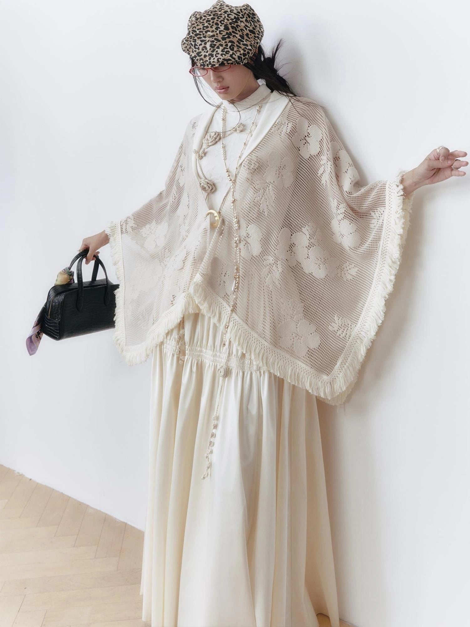 OfAkiva Celestial Retro Lace Fringe Asymmetrical Cape