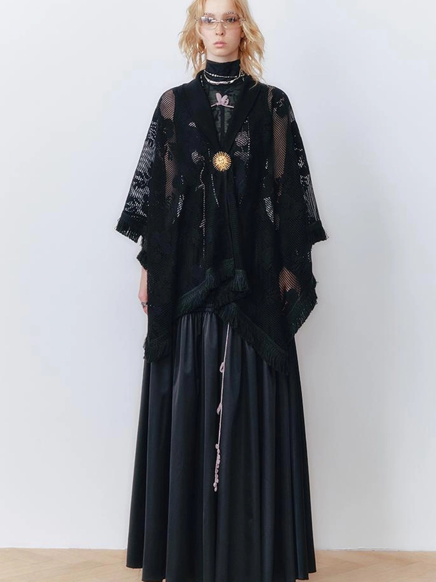 OfAkiva Celestial Retro Lace Fringe Asymmetrical Cape