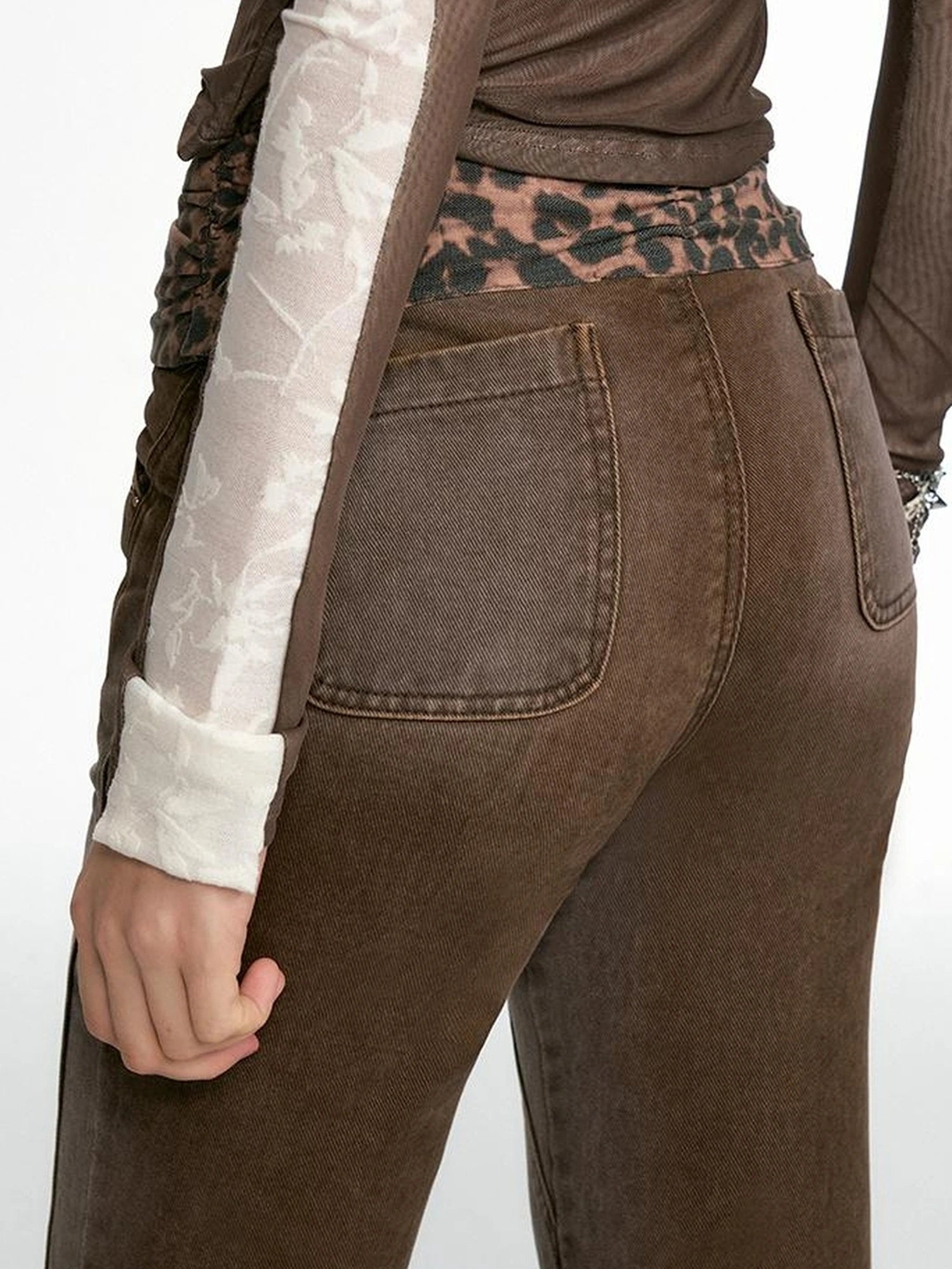 OfAkiva Cheetah Print Faded Distressed Ruffle Patchwork Jeans