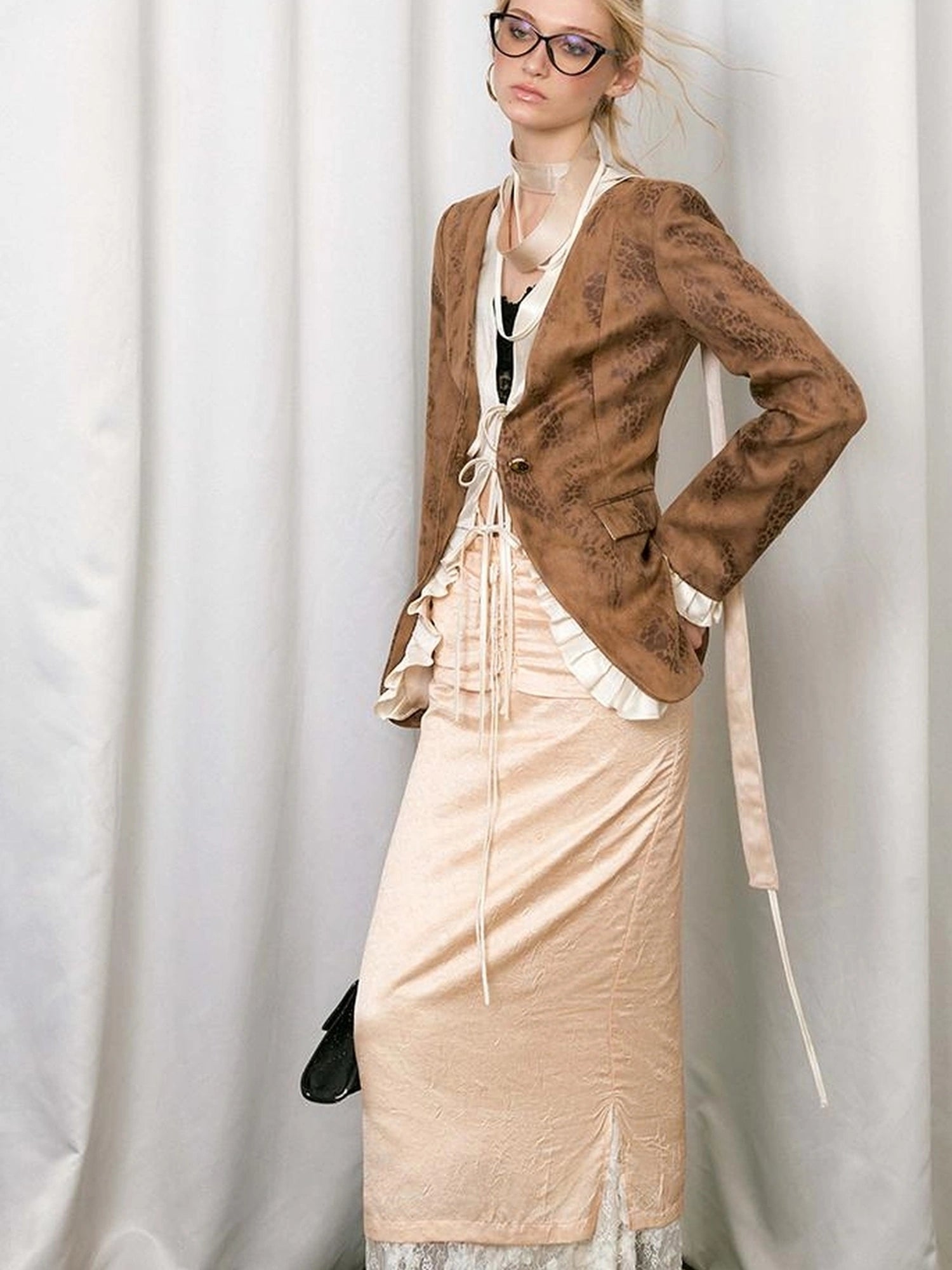 OfAkiva Crescent Window Pleated Satin Wrap Skirt