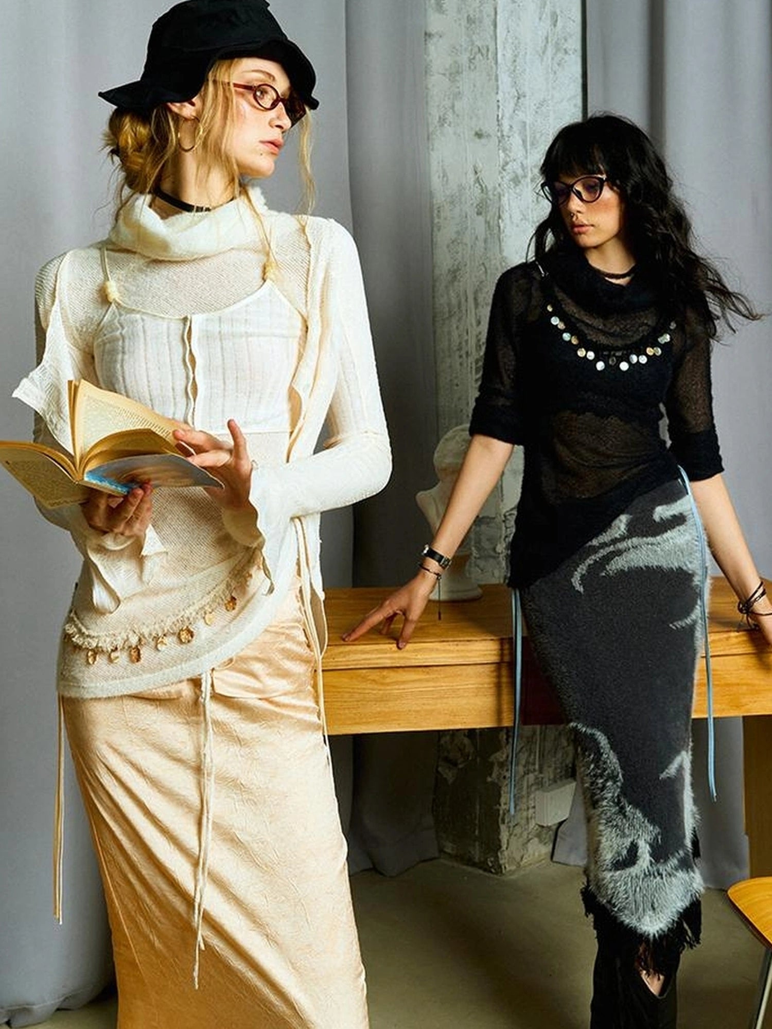 OfAkiva Crescent Window Pleated Satin Wrap Skirt