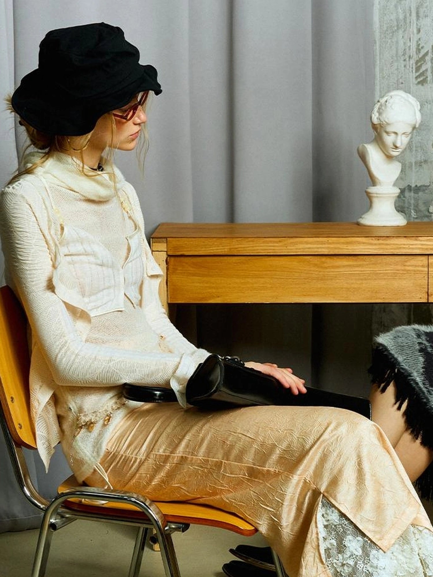 OfAkiva Crescent Window Pleated Satin Wrap Skirt