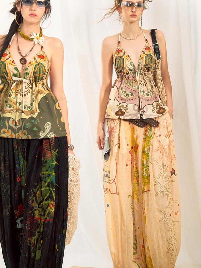 OfAkiva Dark Floral Graffiti Print Embroidered Pleated Lantern Women&