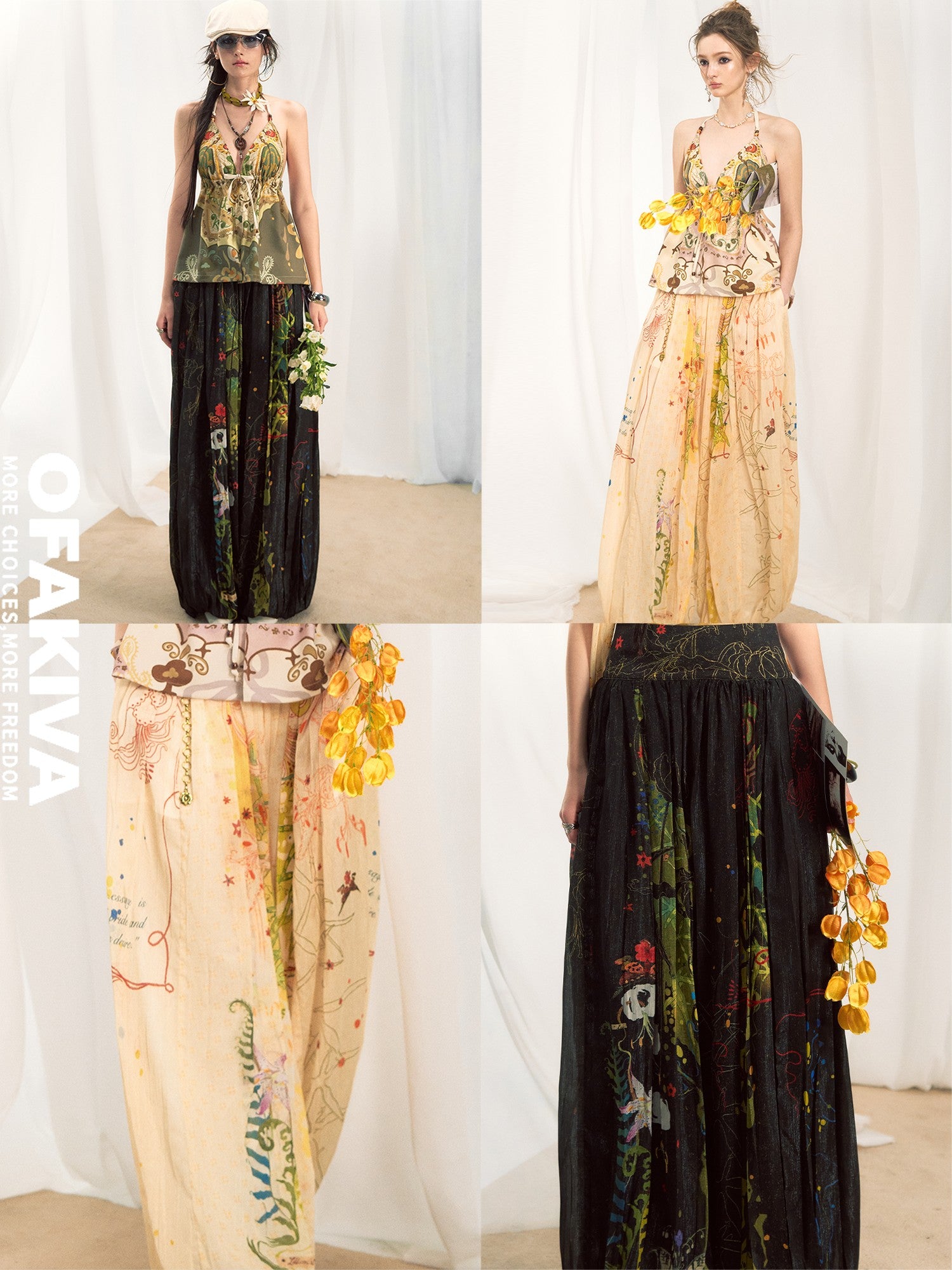 OfAkiva Dark Floral Graffiti Print Embroidered Pleated Lantern Women&