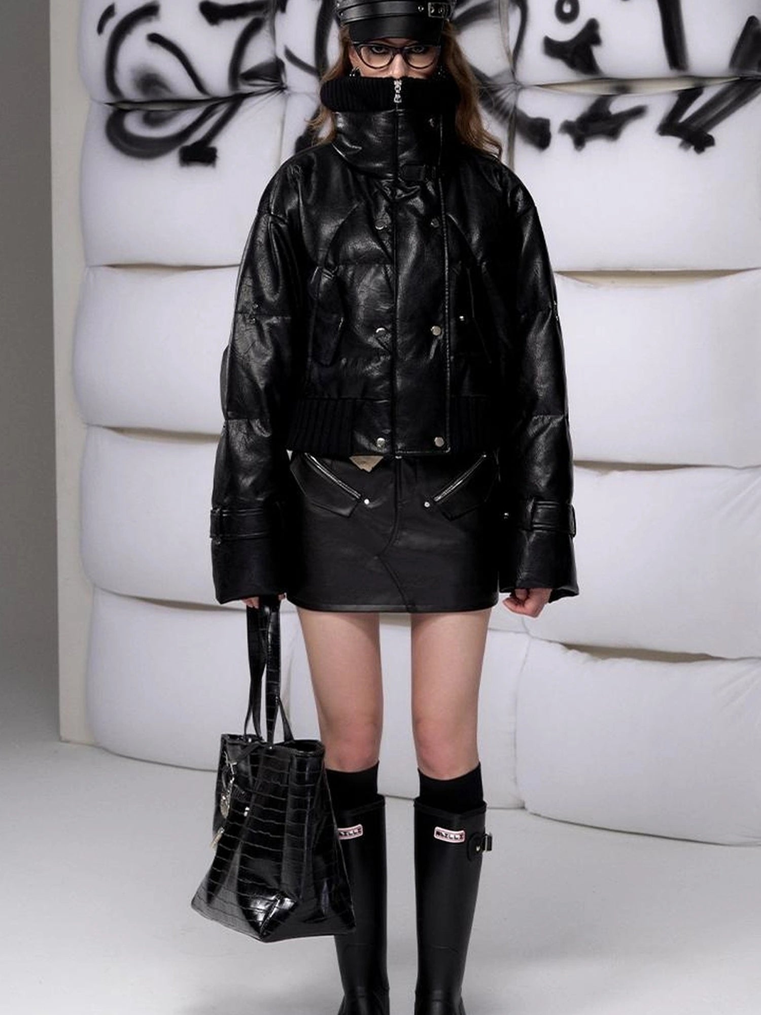 OfAkiva Deconstructed Dual Zip Knit Paneled Studded Down Jacket