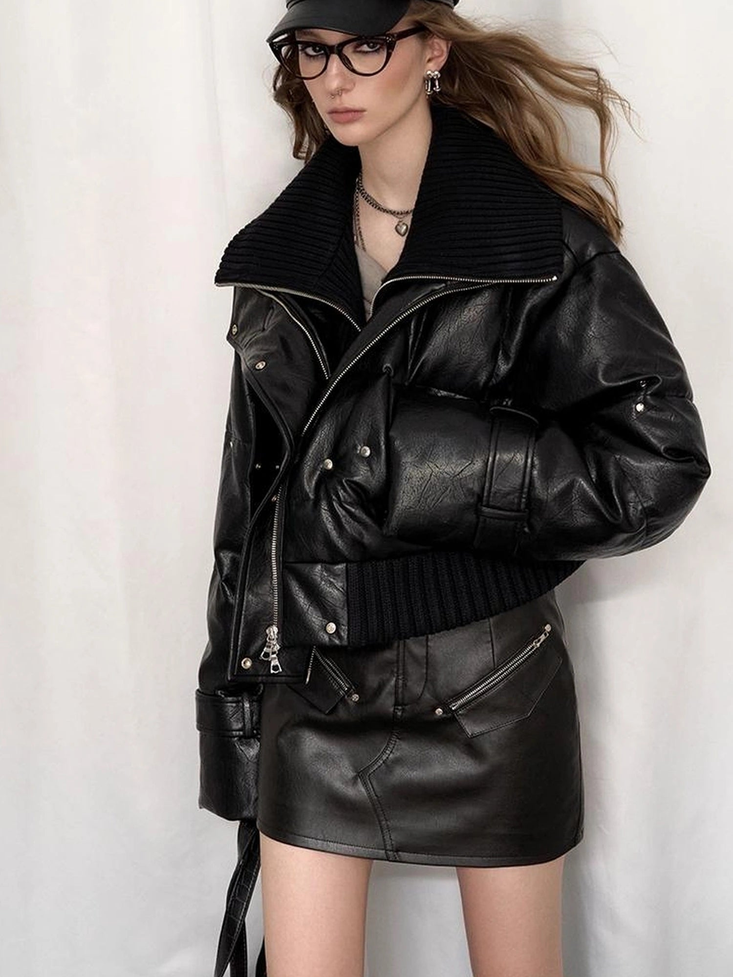 OfAkiva Deconstructed Dual Zip Knit Paneled Studded Down Jacket