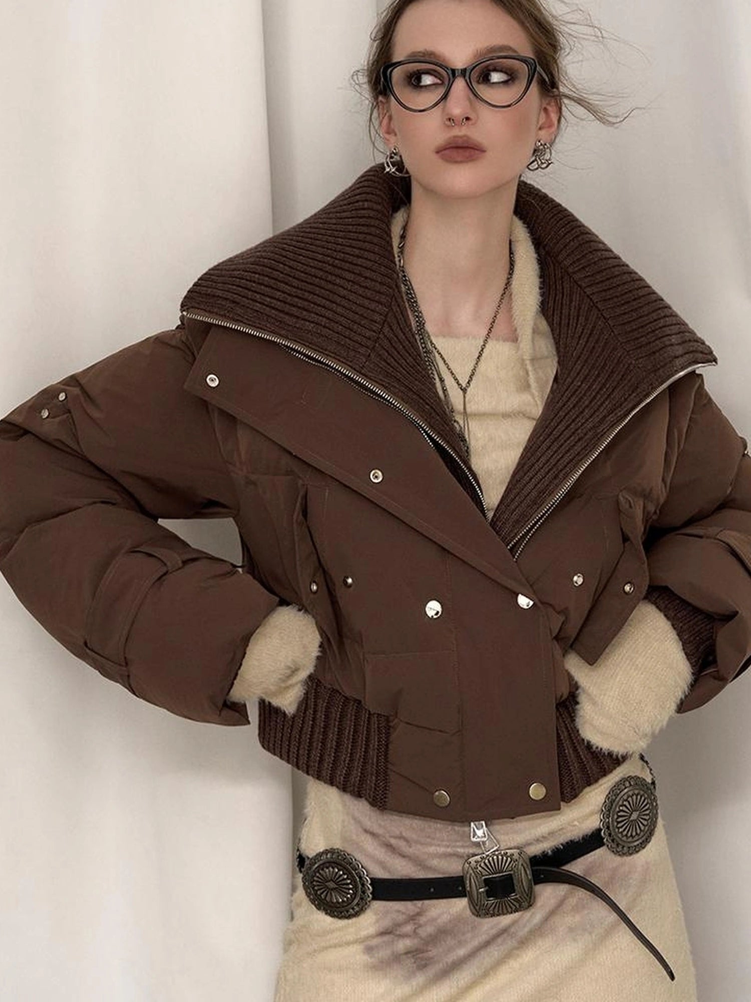 OfAkiva Deconstructed Dual Zip Knit Paneled Studded Down Jacket