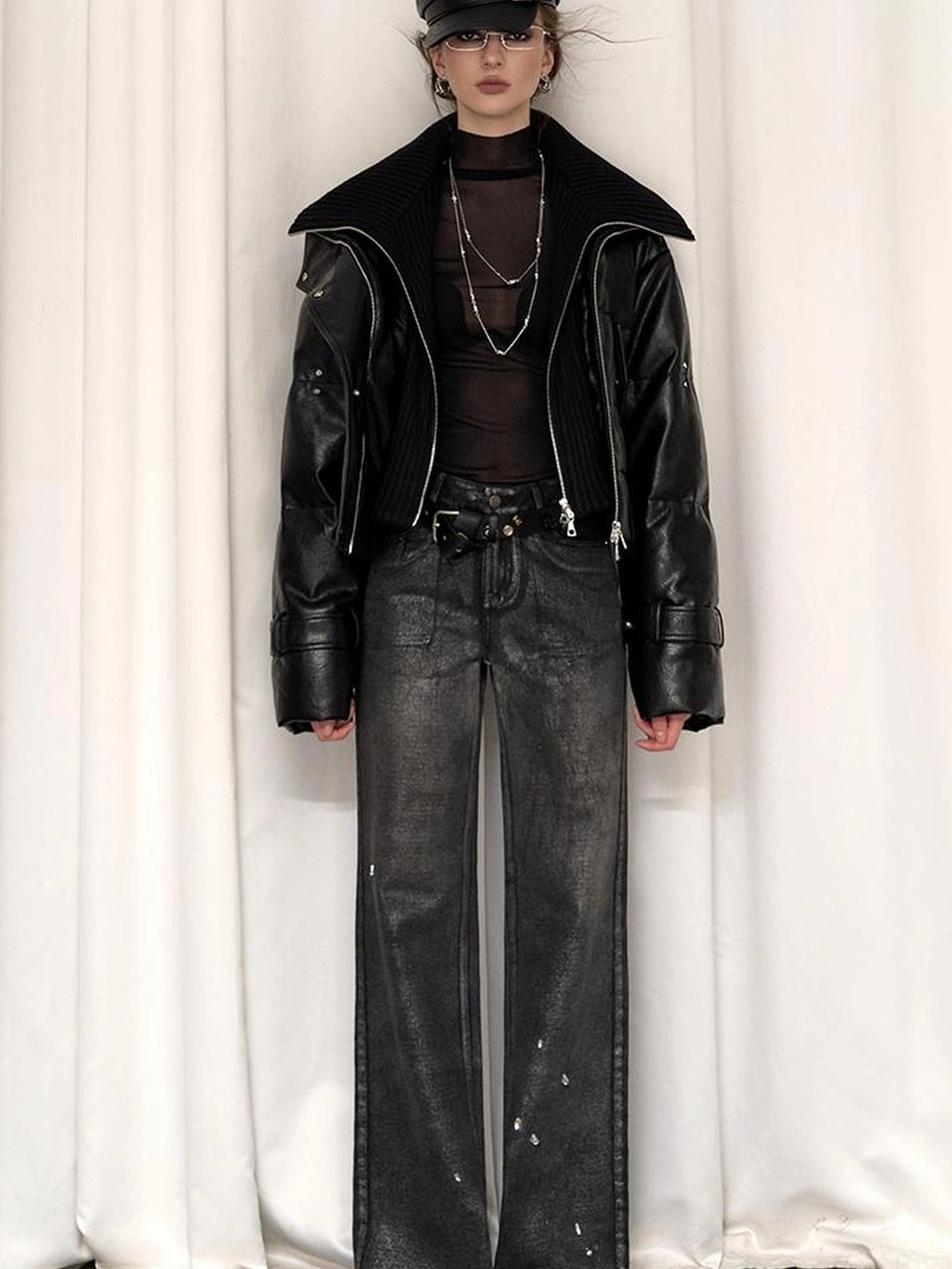 OfAkiva Deconstructed Dual Zip Knit Paneled Studded Down Jacket