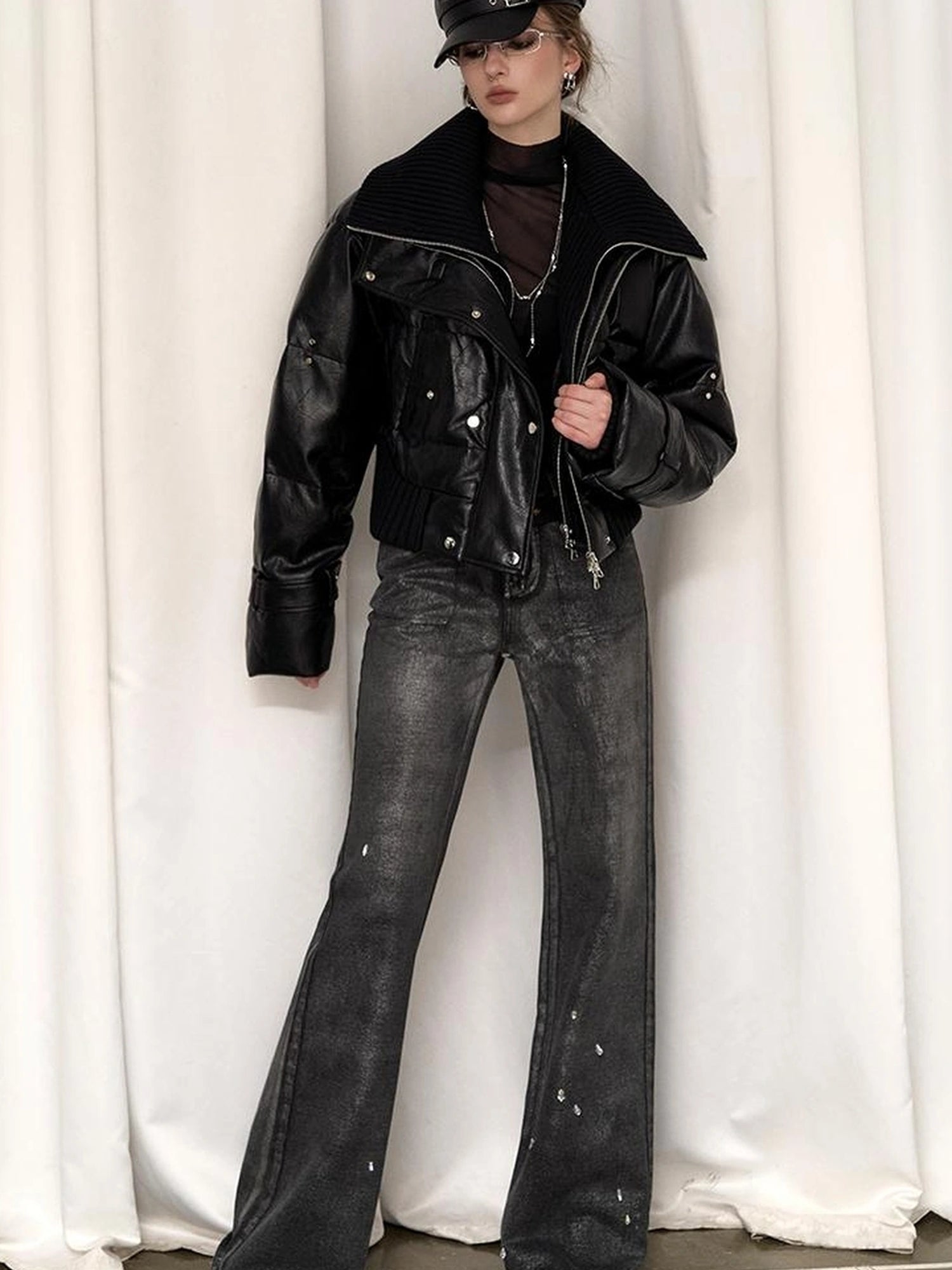 OfAkiva Deconstructed Dual Zip Knit Paneled Studded Down Jacket