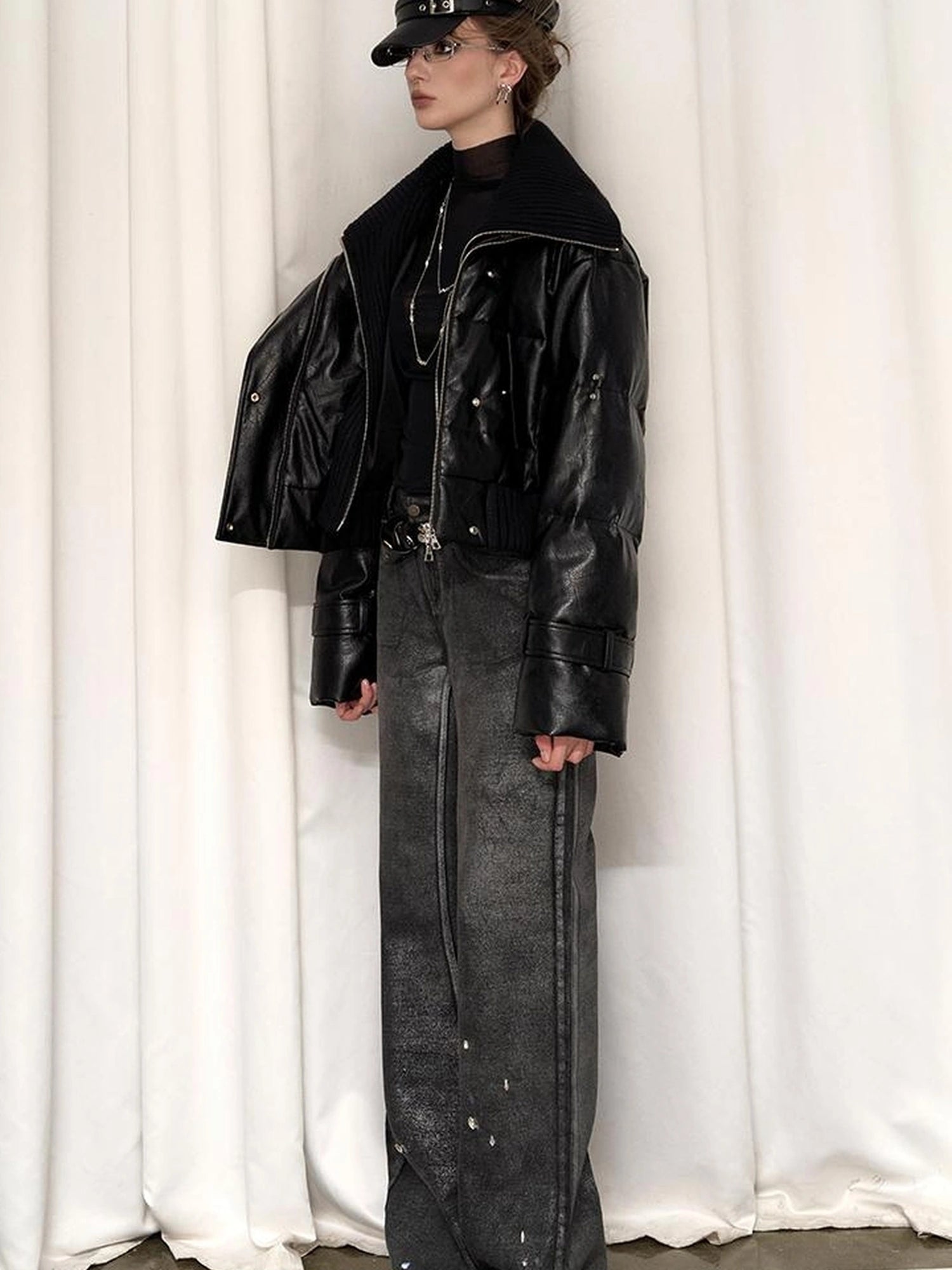 OfAkiva Deconstructed Dual Zip Knit Paneled Studded Down Jacket