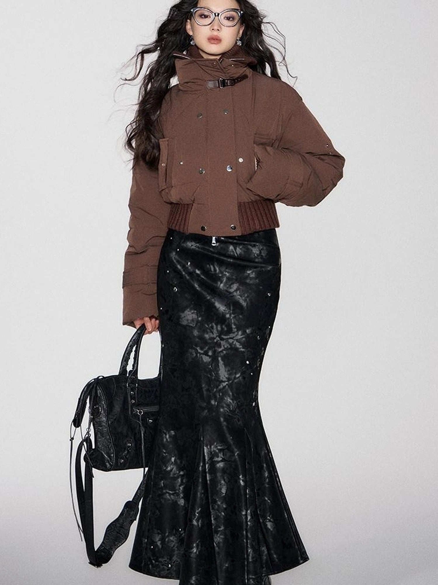 OfAkiva Deconstructed Dual Zip Knit Paneled Studded Down Jacket