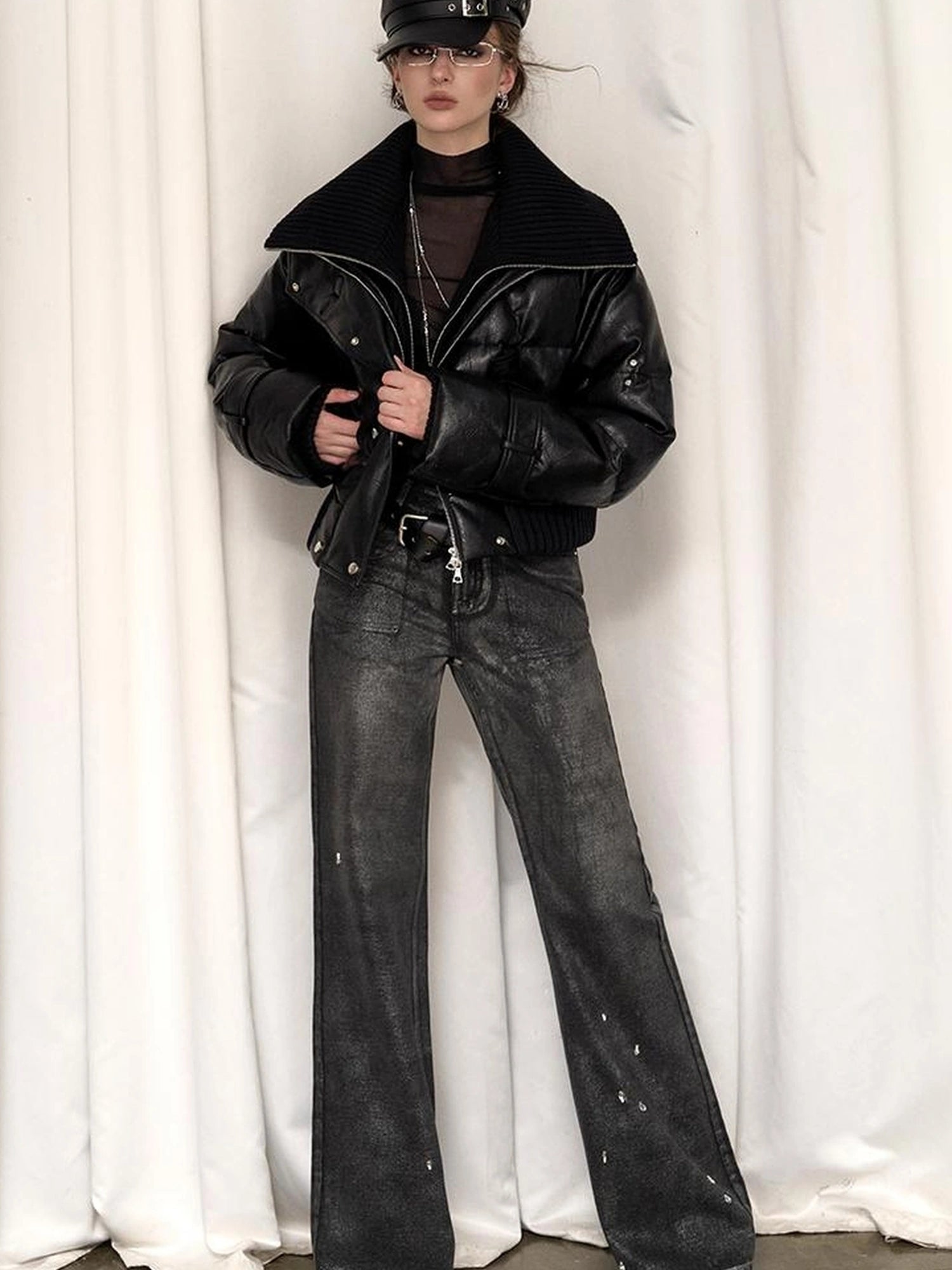 OfAkiva Deconstructed Dual Zip Knit Paneled Studded Down Jacket