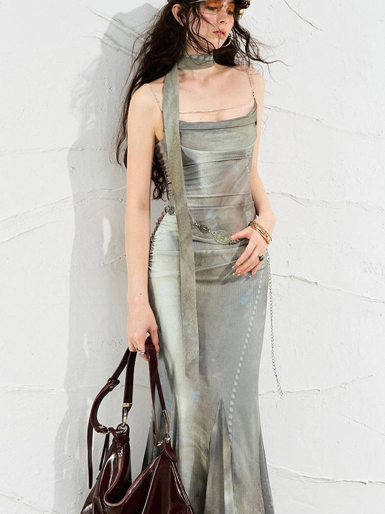 OfAkiva Diamond Chain Print Daisy Slip V-neck Dress