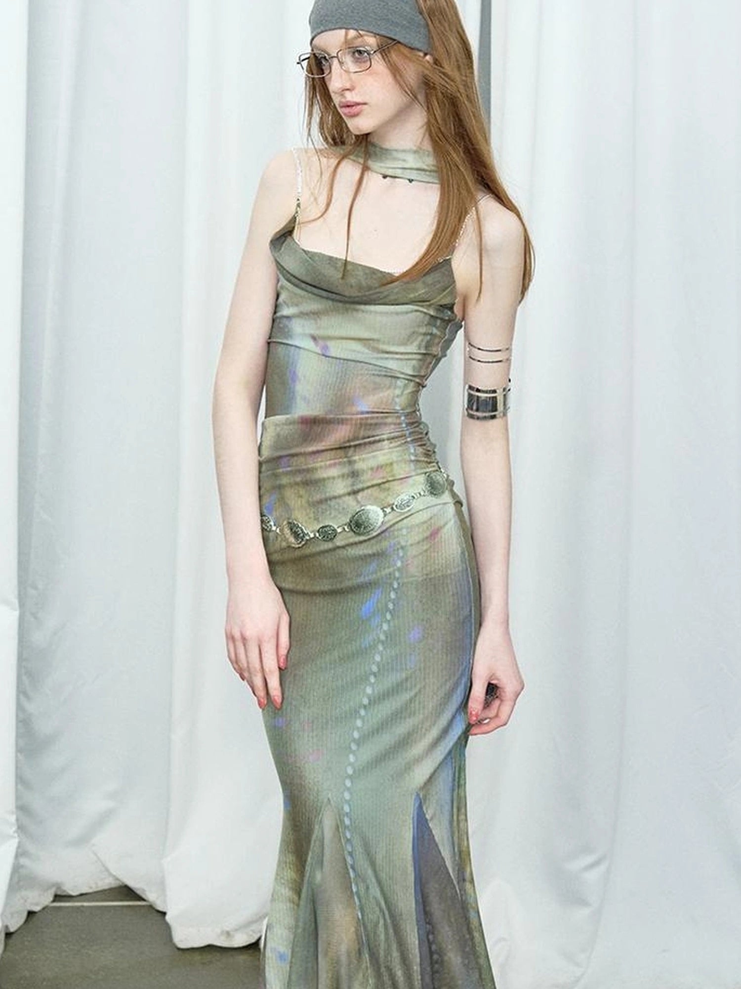 OfAkiva Diamond Chain Print Daisy Slip V-neck Dress