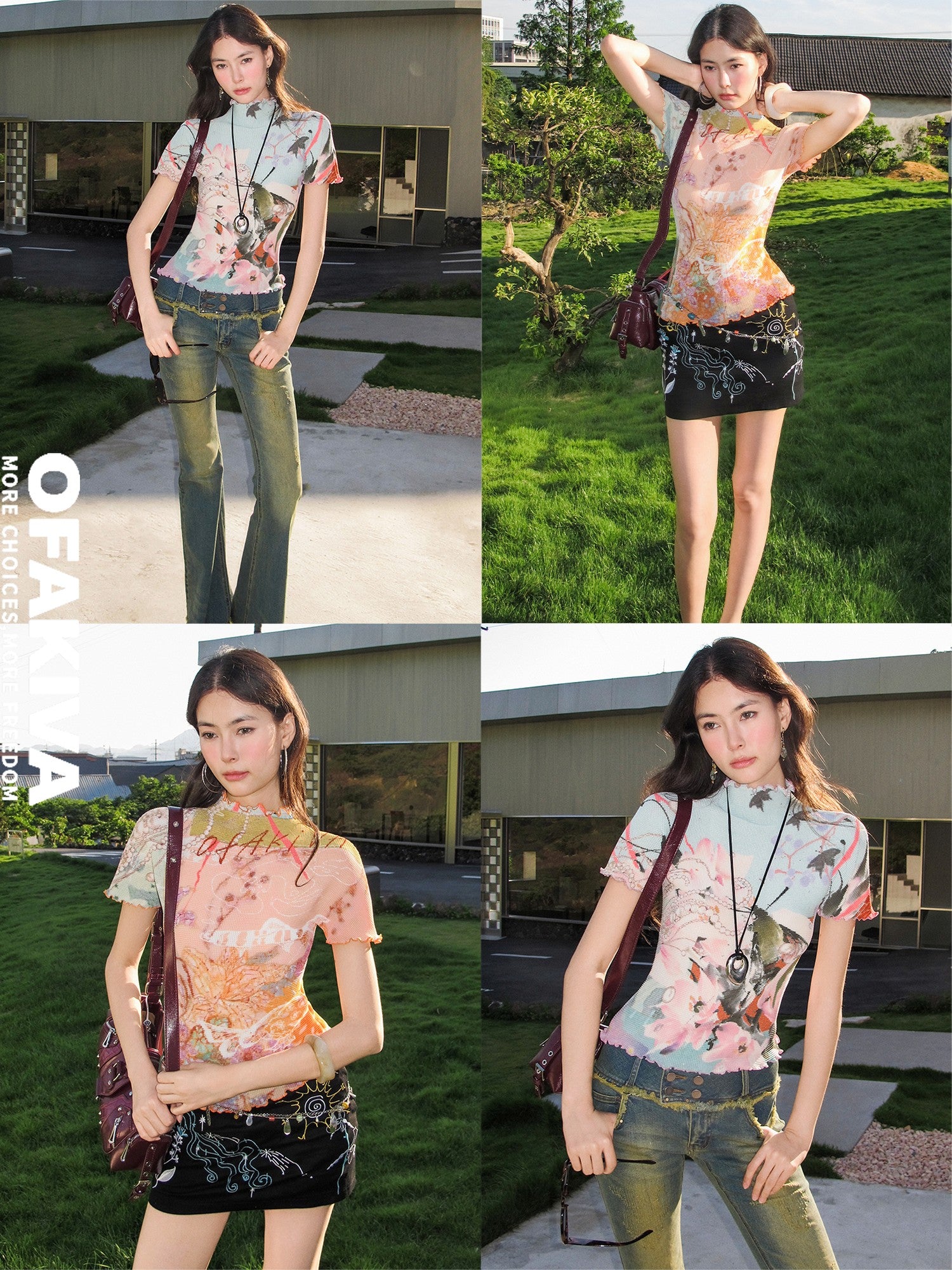 OfAkiva Dream Fragment Ruched Stretch Printed Lettuce Edge Women&