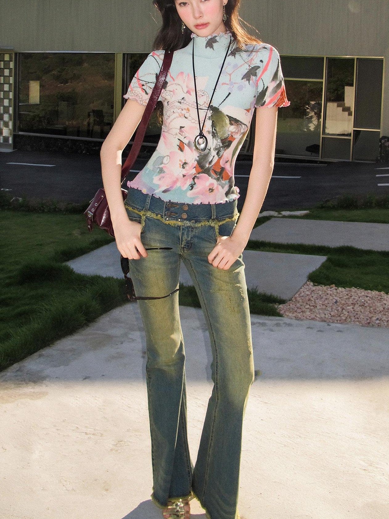 OfAkiva Dream Fragment Ruched Stretch Printed Lettuce Edge Women&