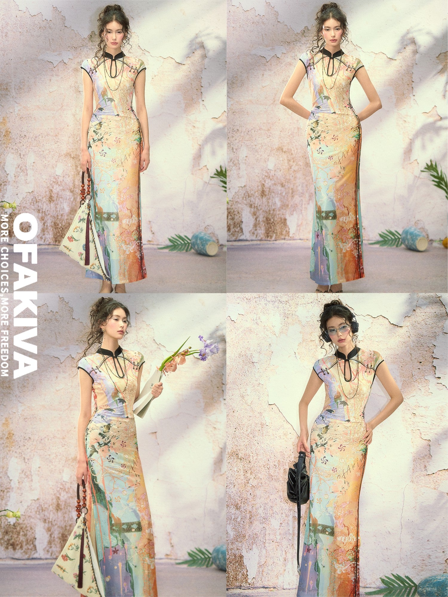 OfAkiva Dream Fragment Sand Print Stand Collar High Waist Women&