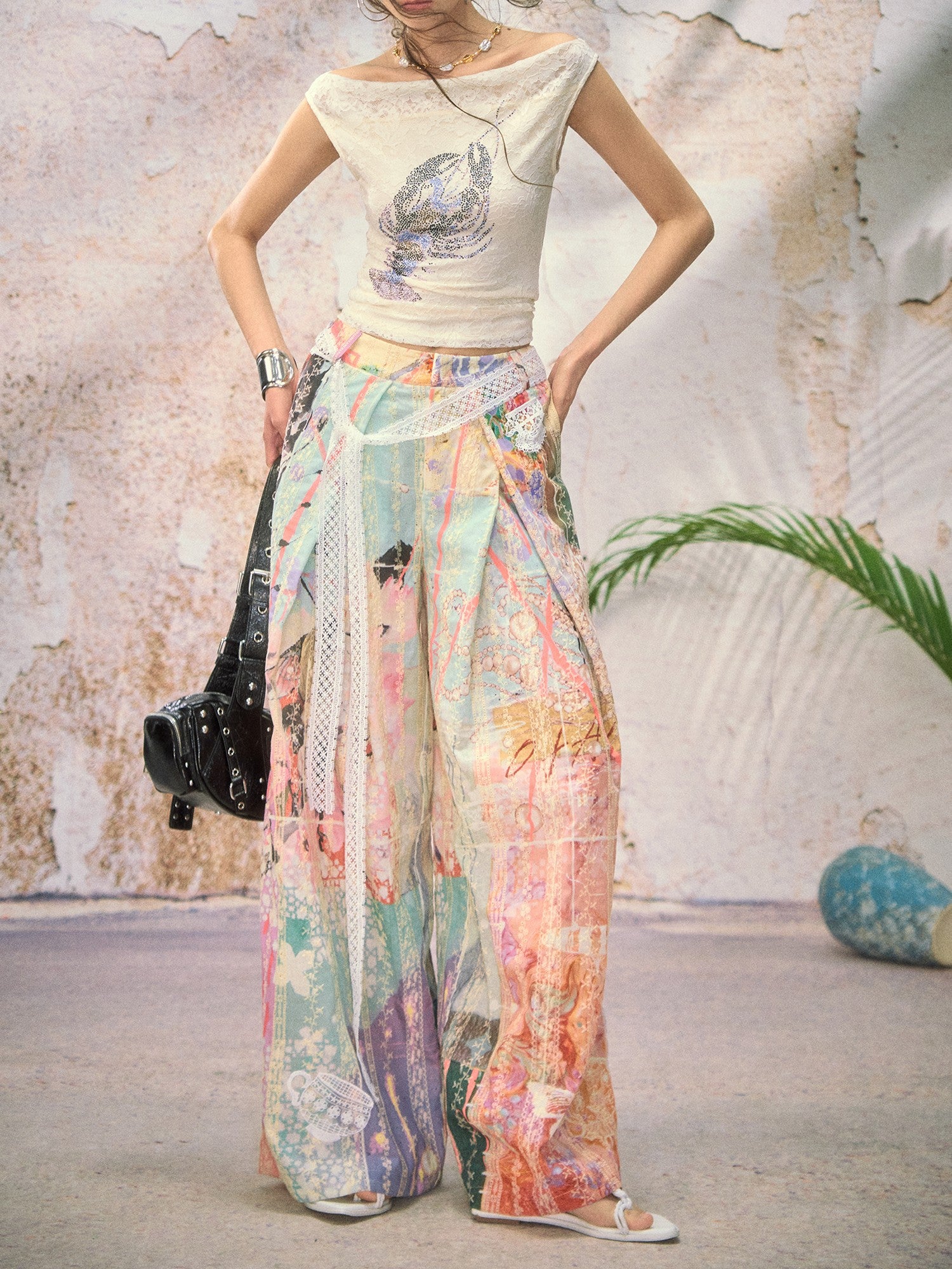 OfAkiva Dream Fragment Structural Line Print Pleated Embroidered Women&