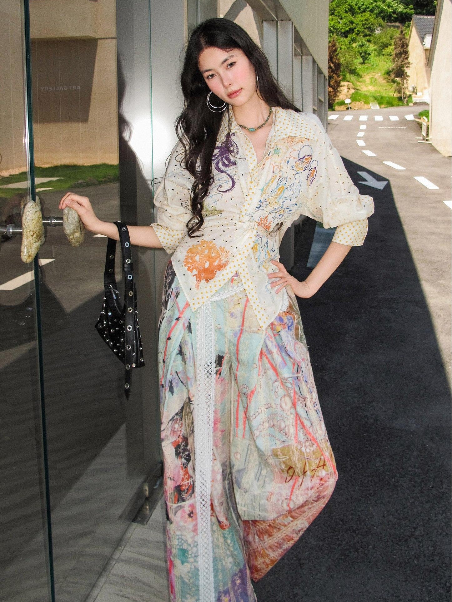 OfAkiva Dream Fragment Structural Line Print Pleated Embroidered Women&