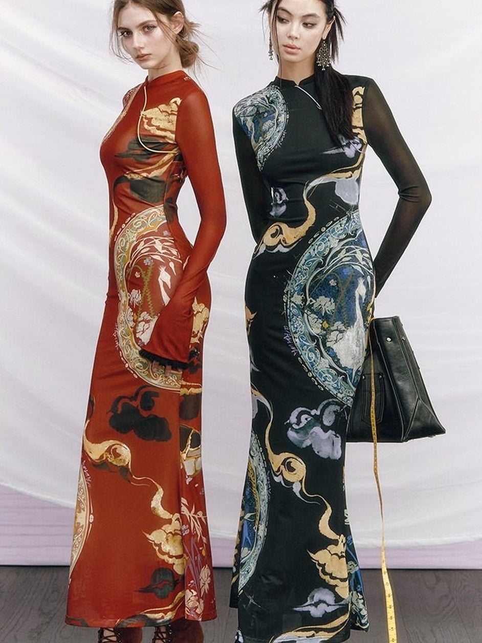 OfAkiva Elegant Colorblock High Waist New Chinese Style Slim Fit Long Sleeve Maxi Dresses