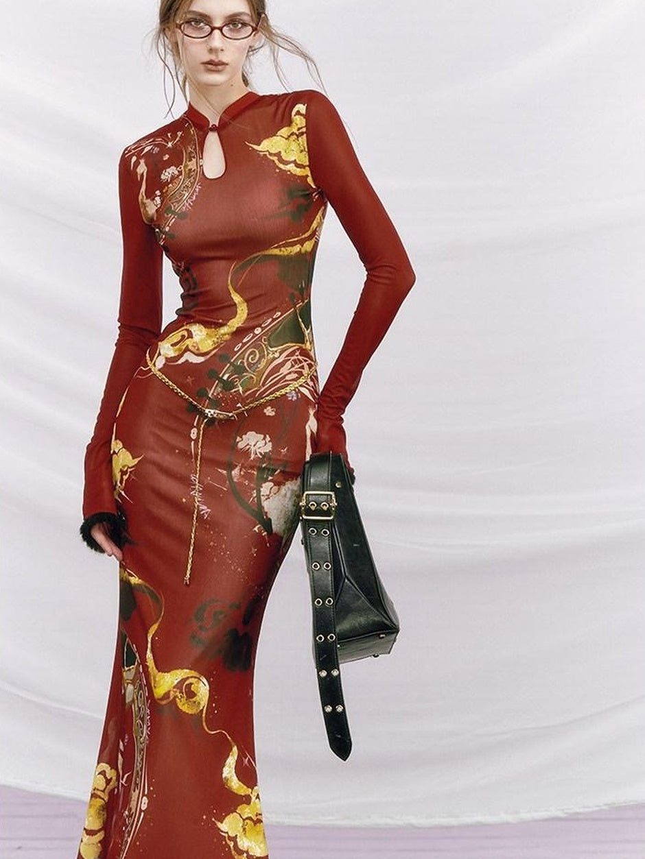 OfAkiva Elegant Colorblock High Waist New Chinese Style Slim Fit Long Sleeve Maxi Dresses