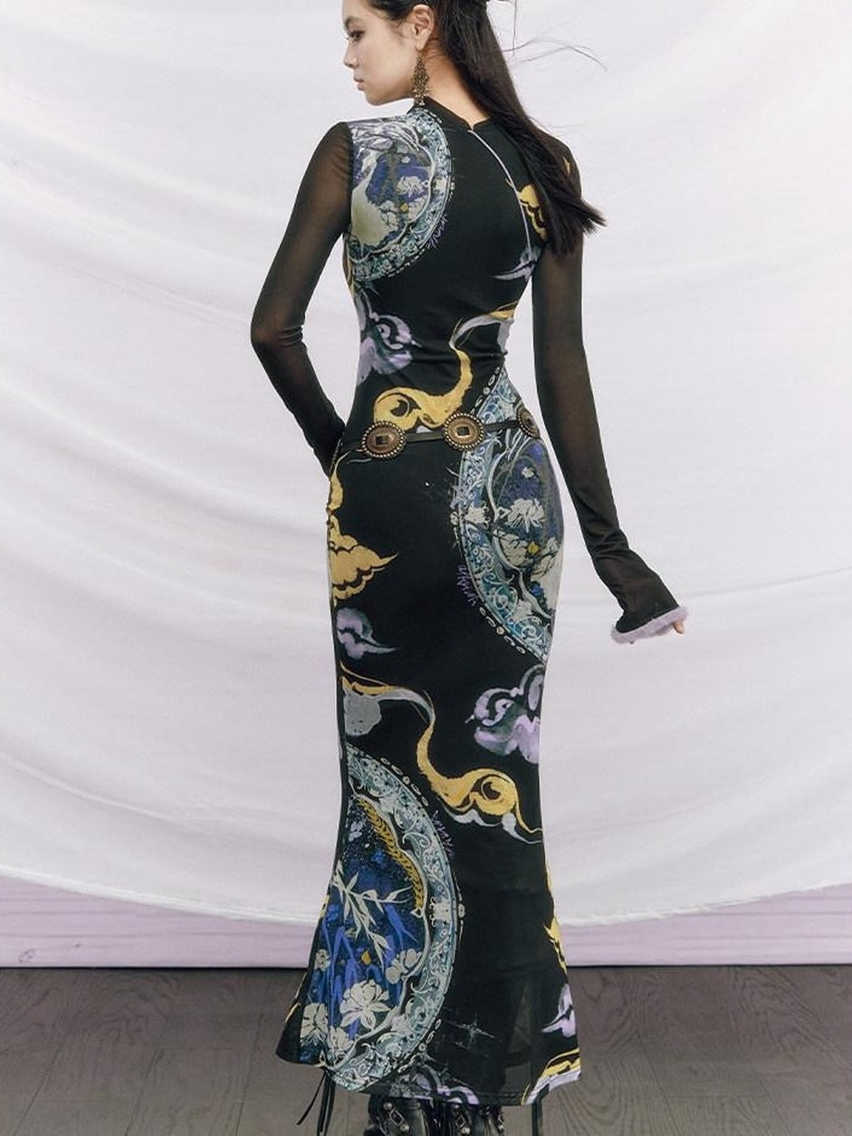 OfAkiva Elegant Colorblock High Waist New Chinese Style Slim Fit Long Sleeve Maxi Dresses