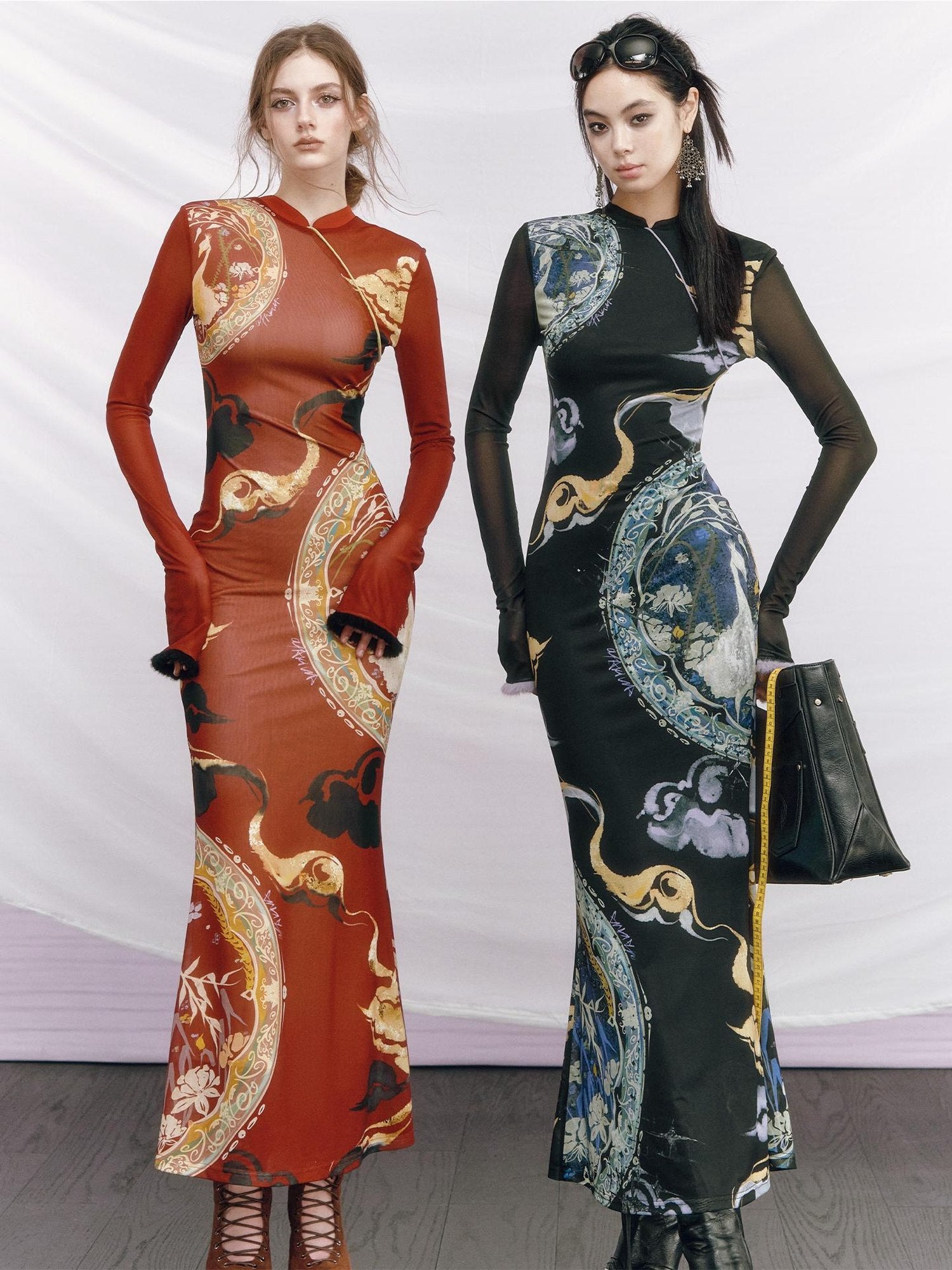 OfAkiva Elegant Colorblock High Waist New Chinese Style Slim Fit Long Sleeve Maxi Dresses